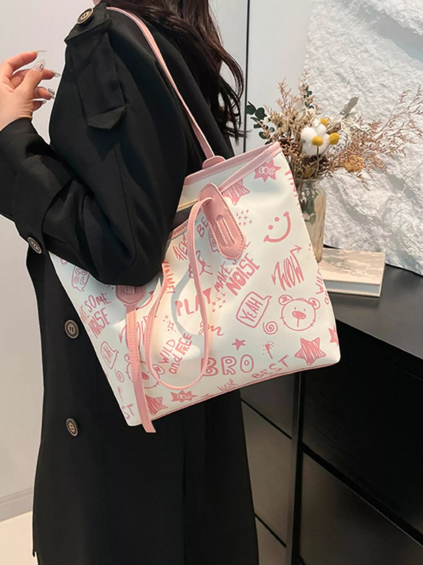 Trendy Graffiti Print Casual Tote Bag – Large Canvas Shoulder Bag for Women