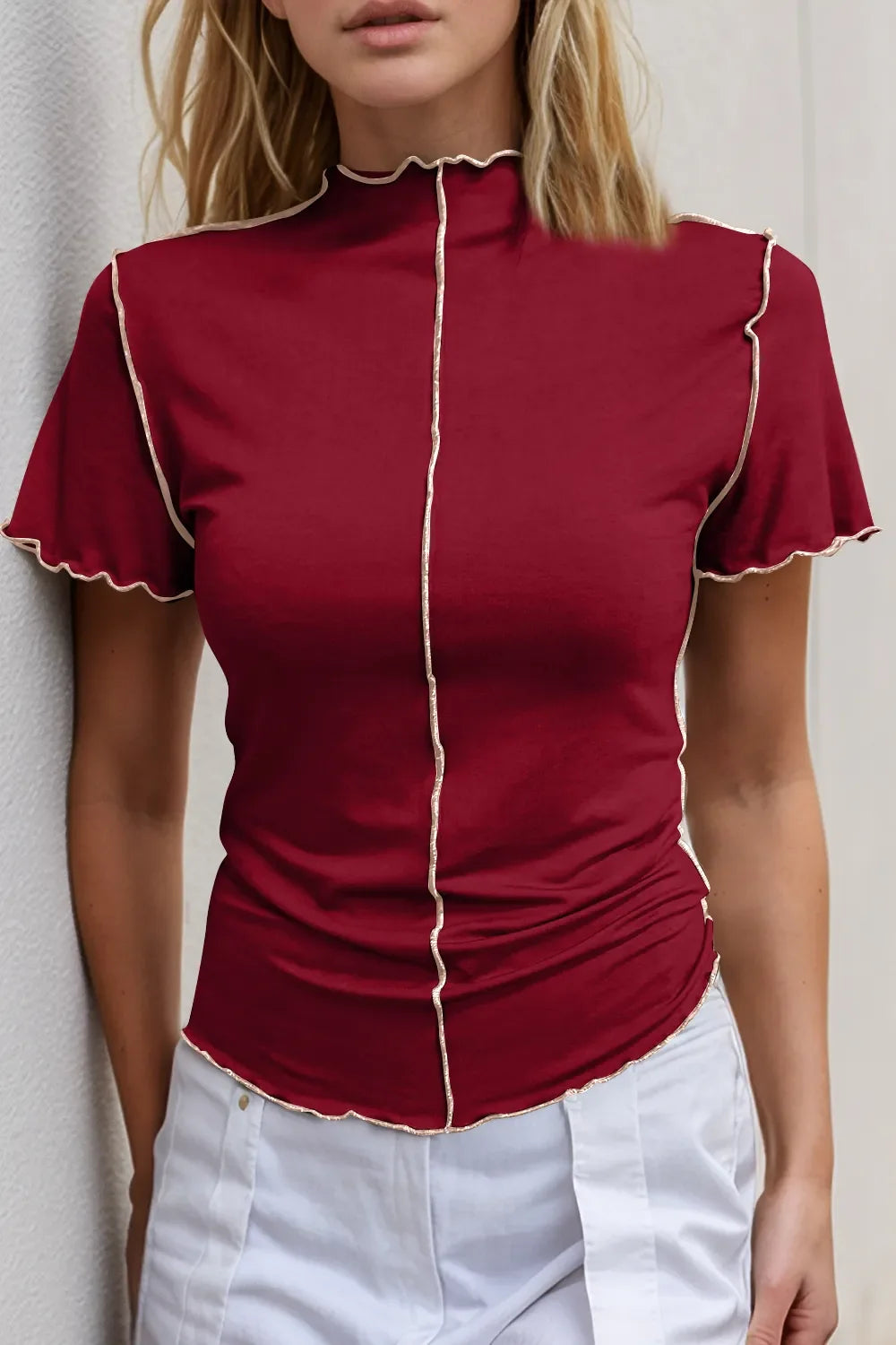 Basic Bae Mock Neck Wave Edge Contrast Stitching Ruffle Short Sleeve Tee Deep Red