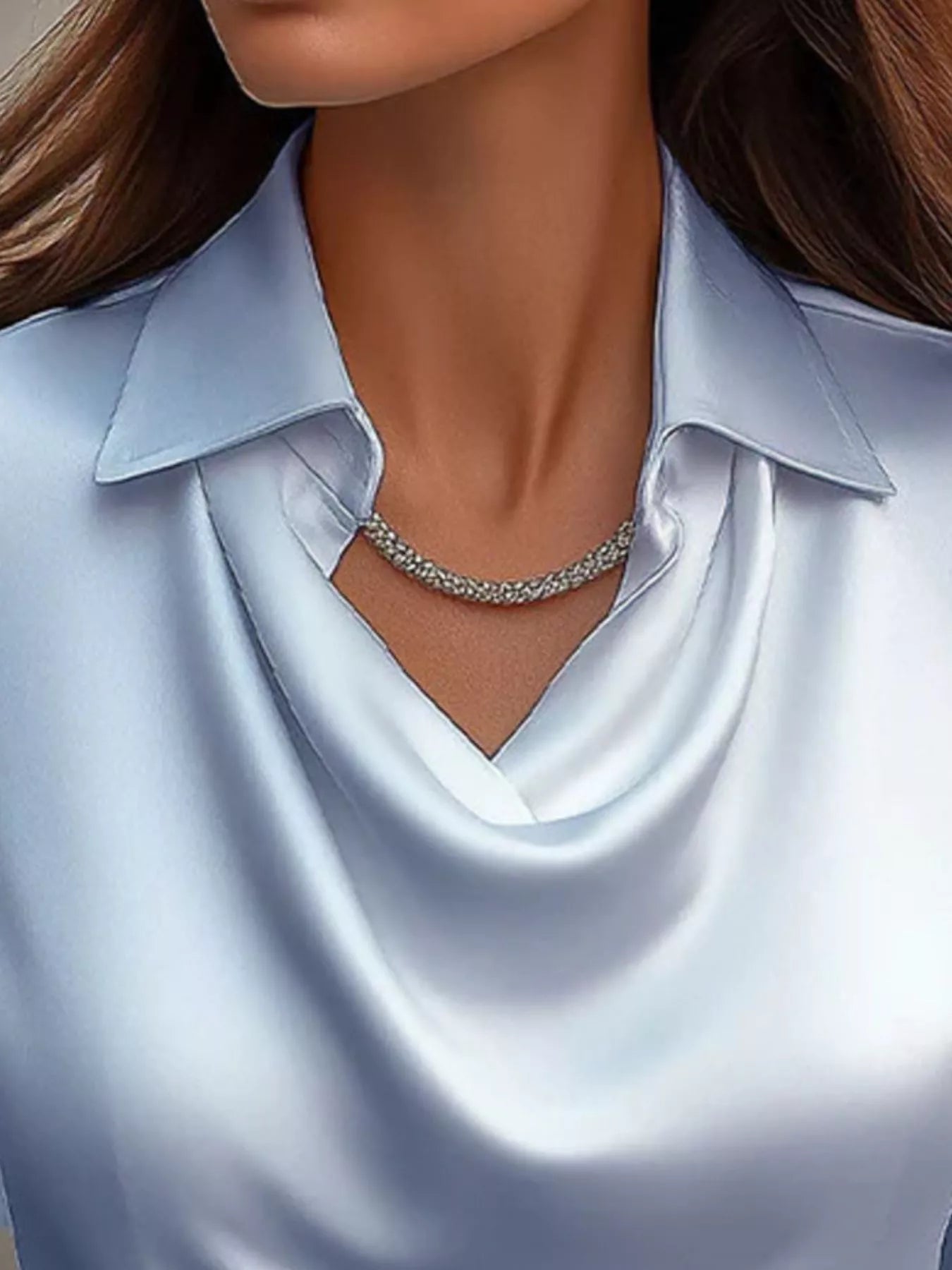 Shiny Satin Cowl Neck Long Sleeve Blouse - Inclusive Sizing