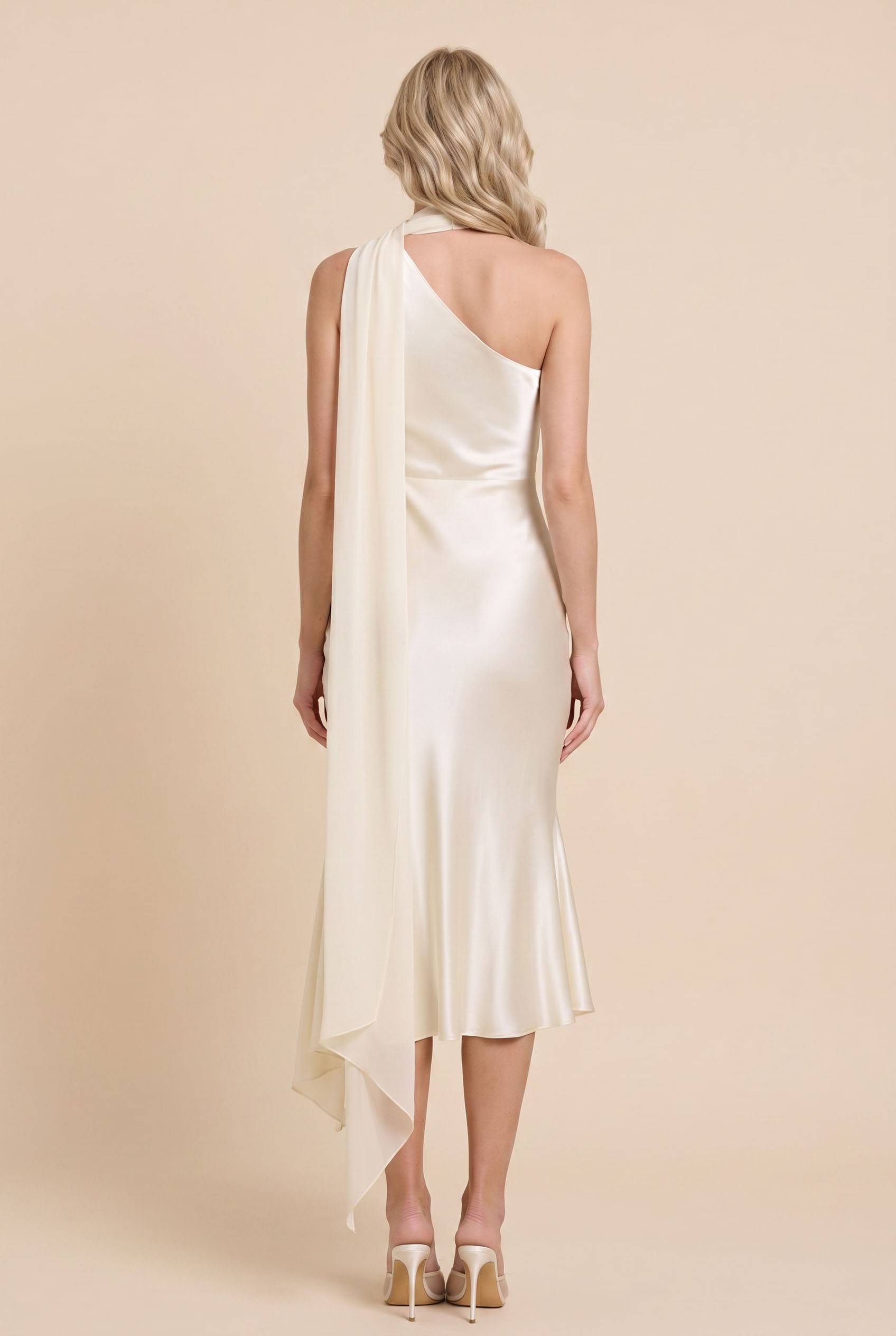 Oblique Collar Ribbon Midi Dress