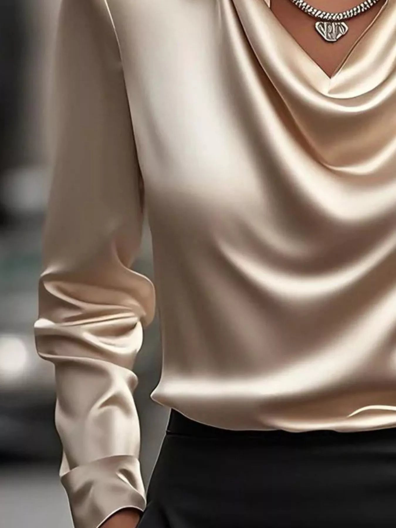 Shiny Satin Cowl Neck Long Sleeve Blouse - Inclusive Sizing