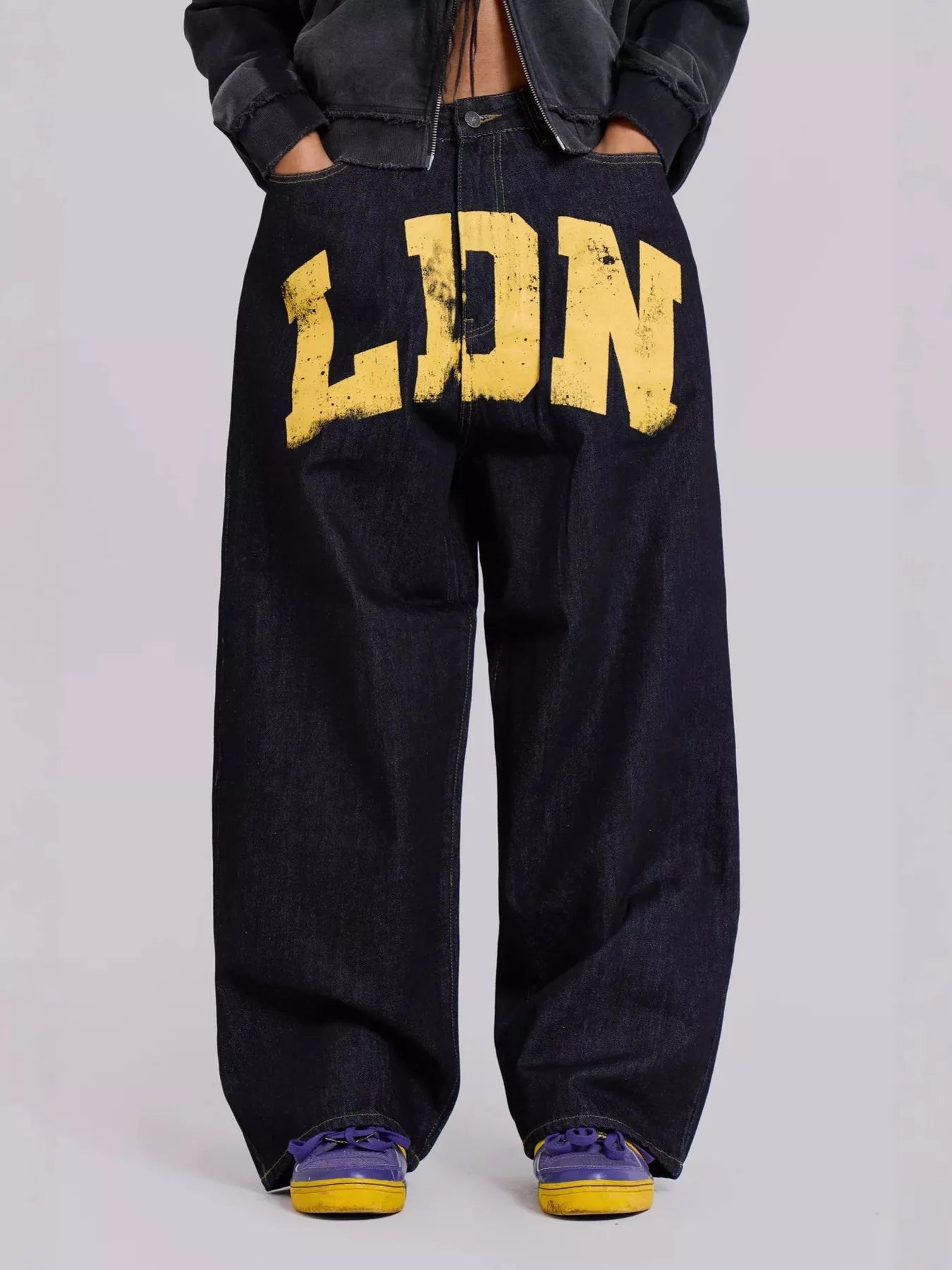Letter Wide Leg Jeans Black