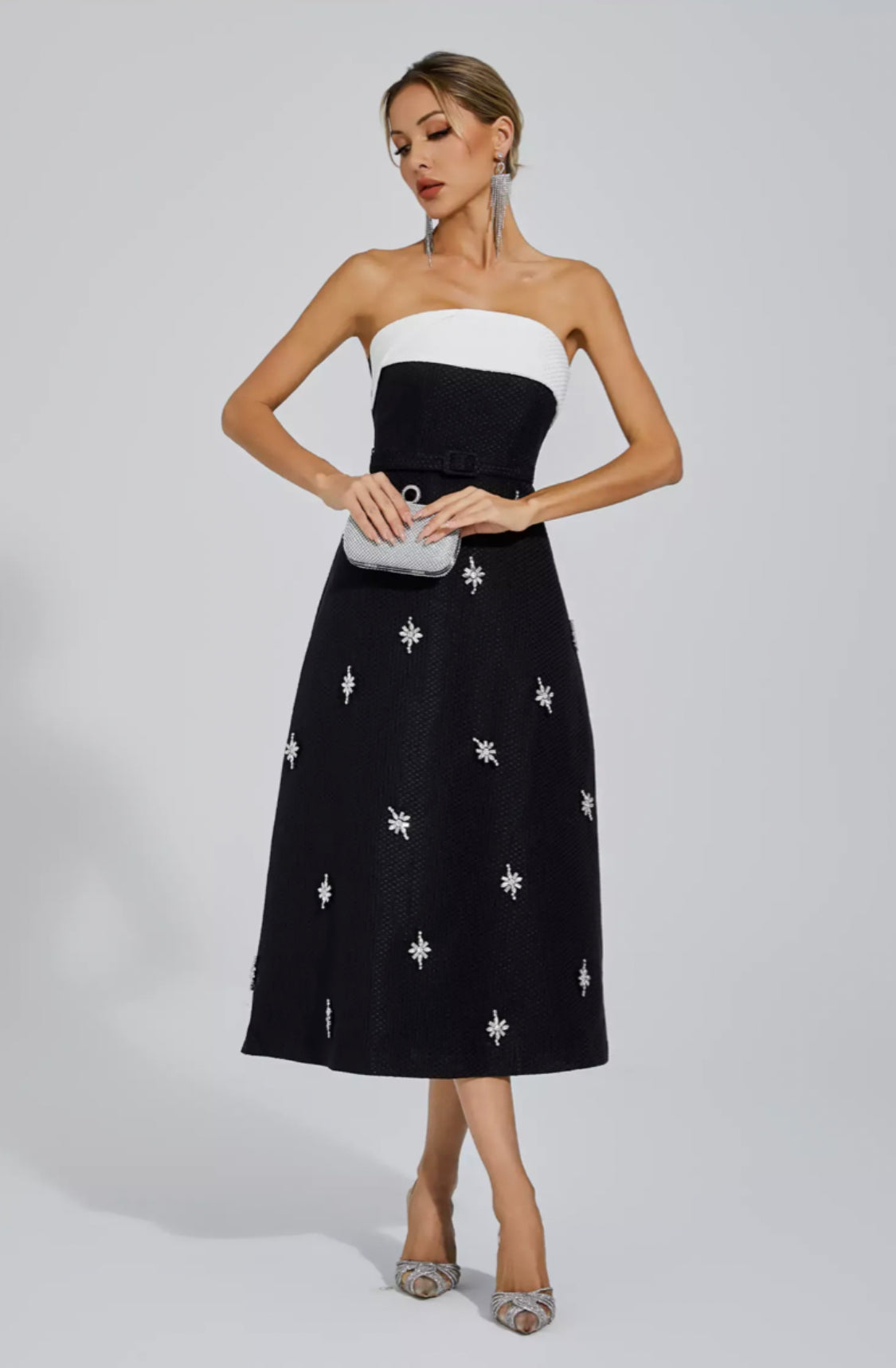 Emberlyn crystal tweed midi dress
