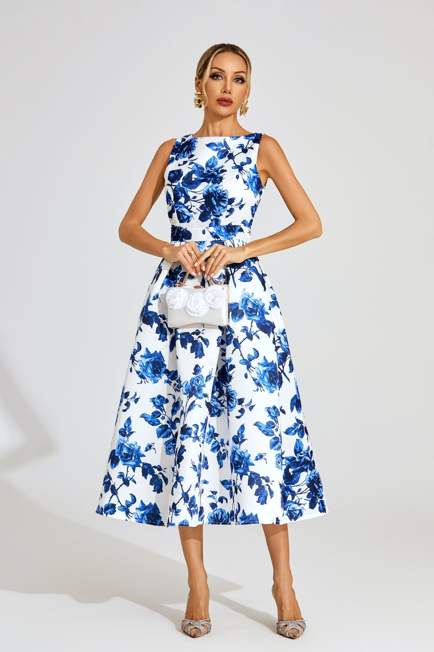 Azure Blossom A-Line Midi Dress