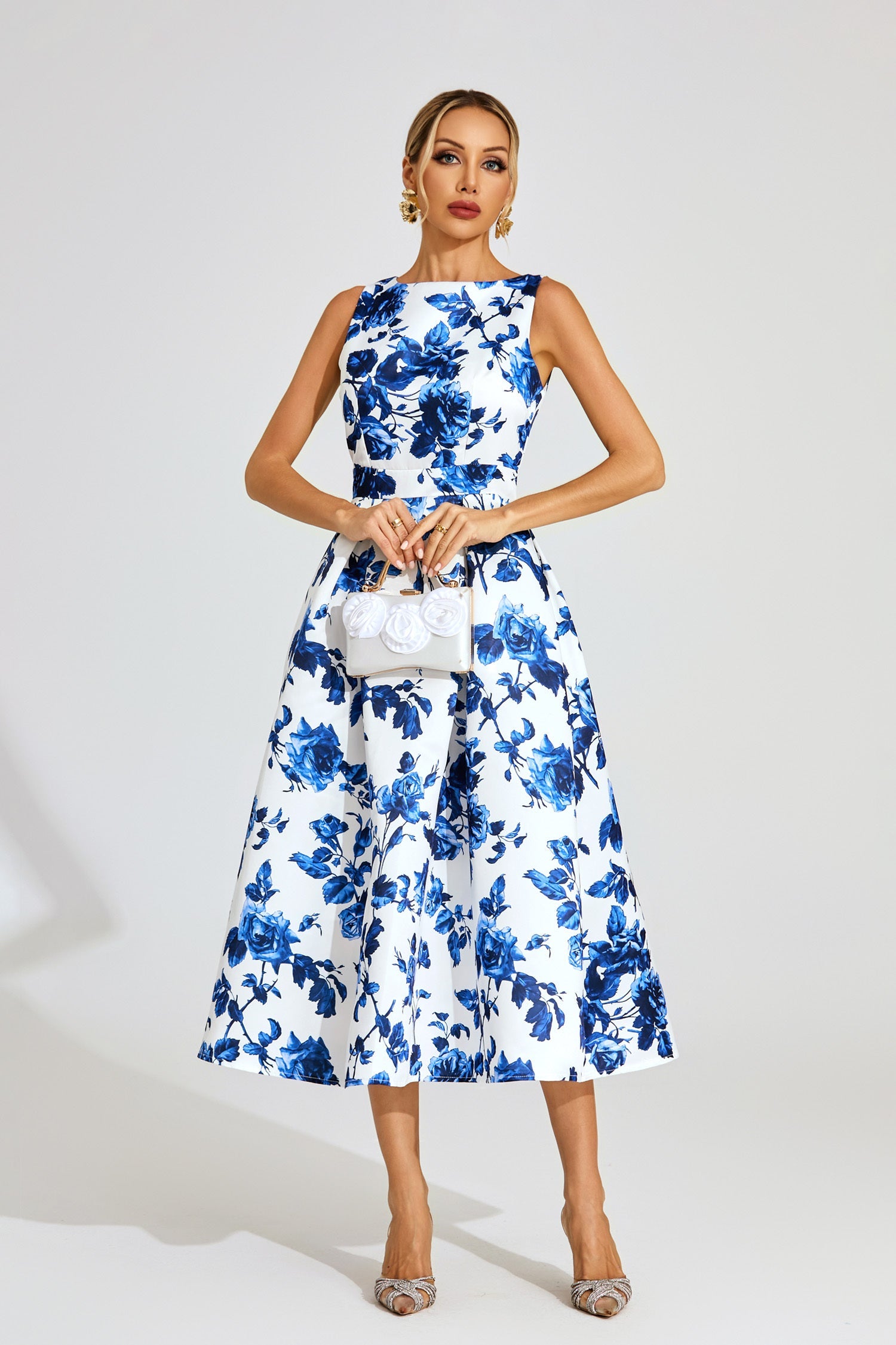 Azure Blossom A-Line Midi Dress