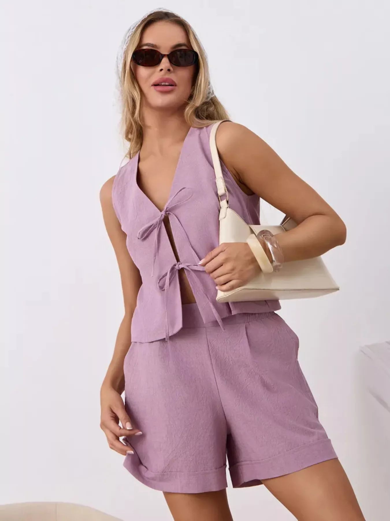 Tie-Front Sleeveless Top and Shorts Set