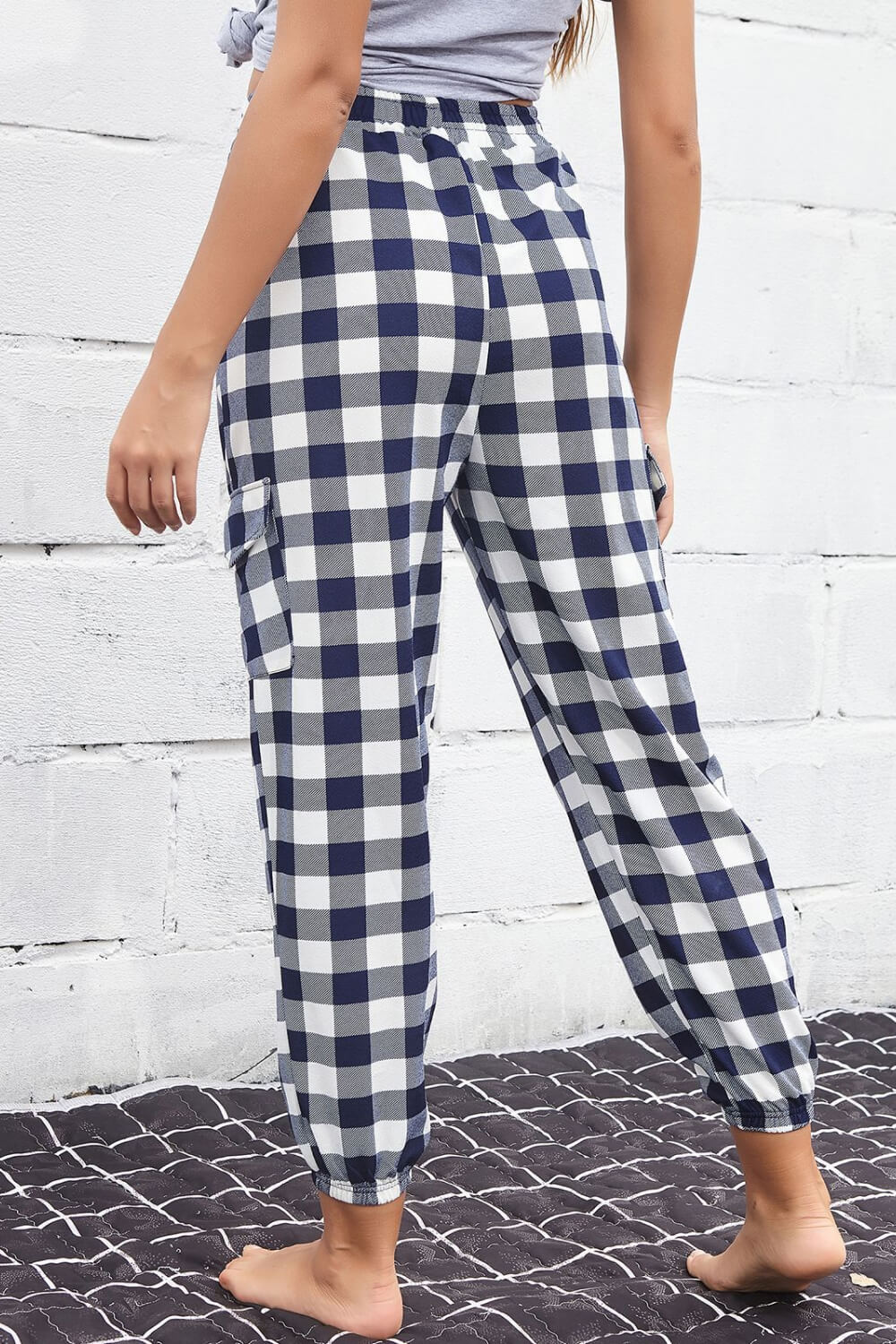 Fashionable Cargo Pants Plaid Elastic High Waist