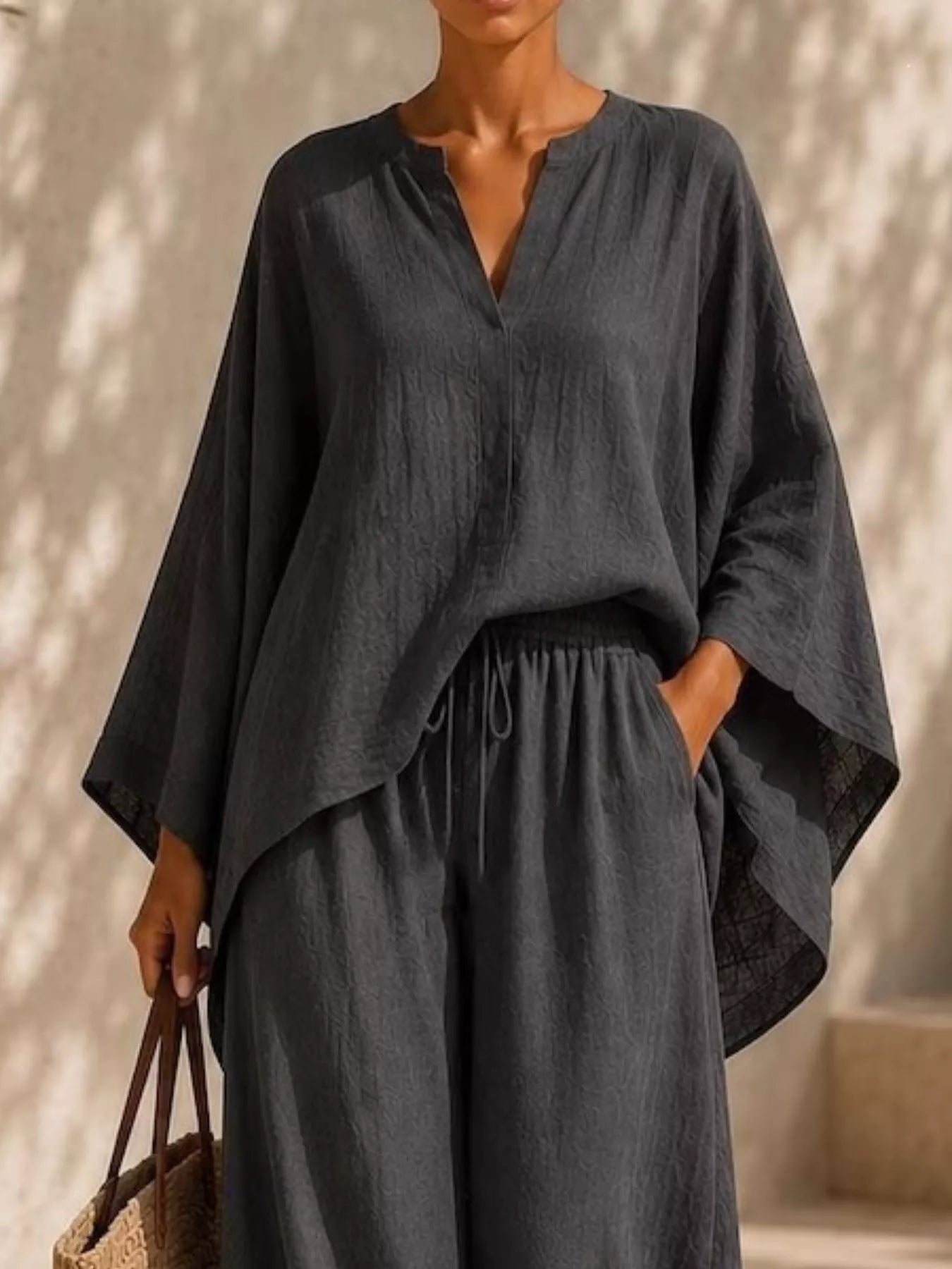 Full Size Notched Long Sleeve Top and Wide-Leg Pants Set Plus Size
