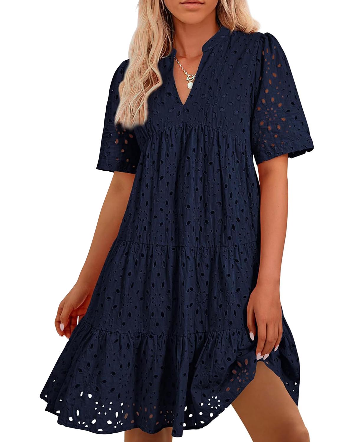 ⏰Hot Sale-Women's Elegant Hollow Out Lace Ruffle Casual Mini Dress(BUY 2 FREE SHIPPING)