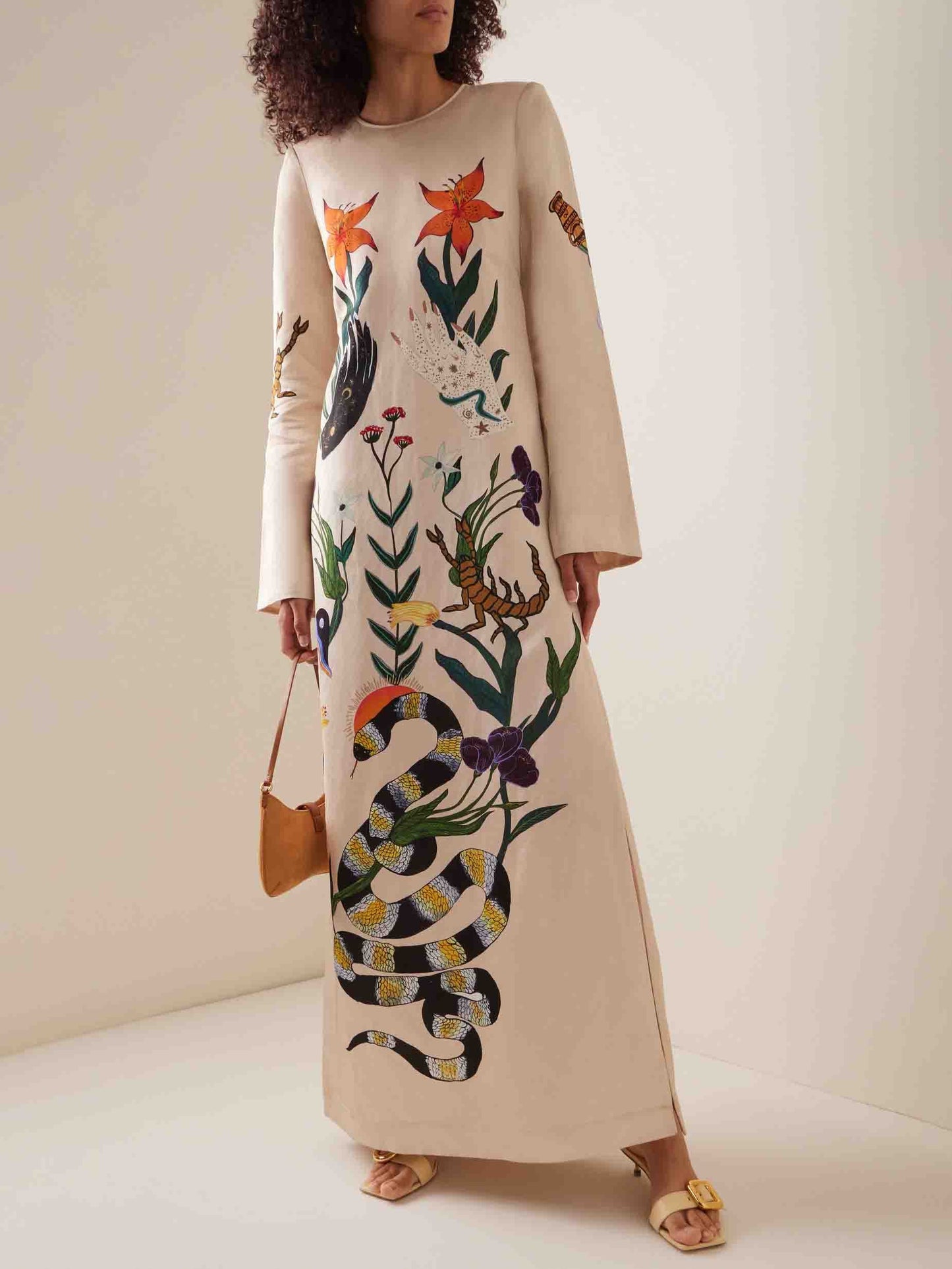 Modern Unique Floral Print Satin Slit Maxi Dress Cream
