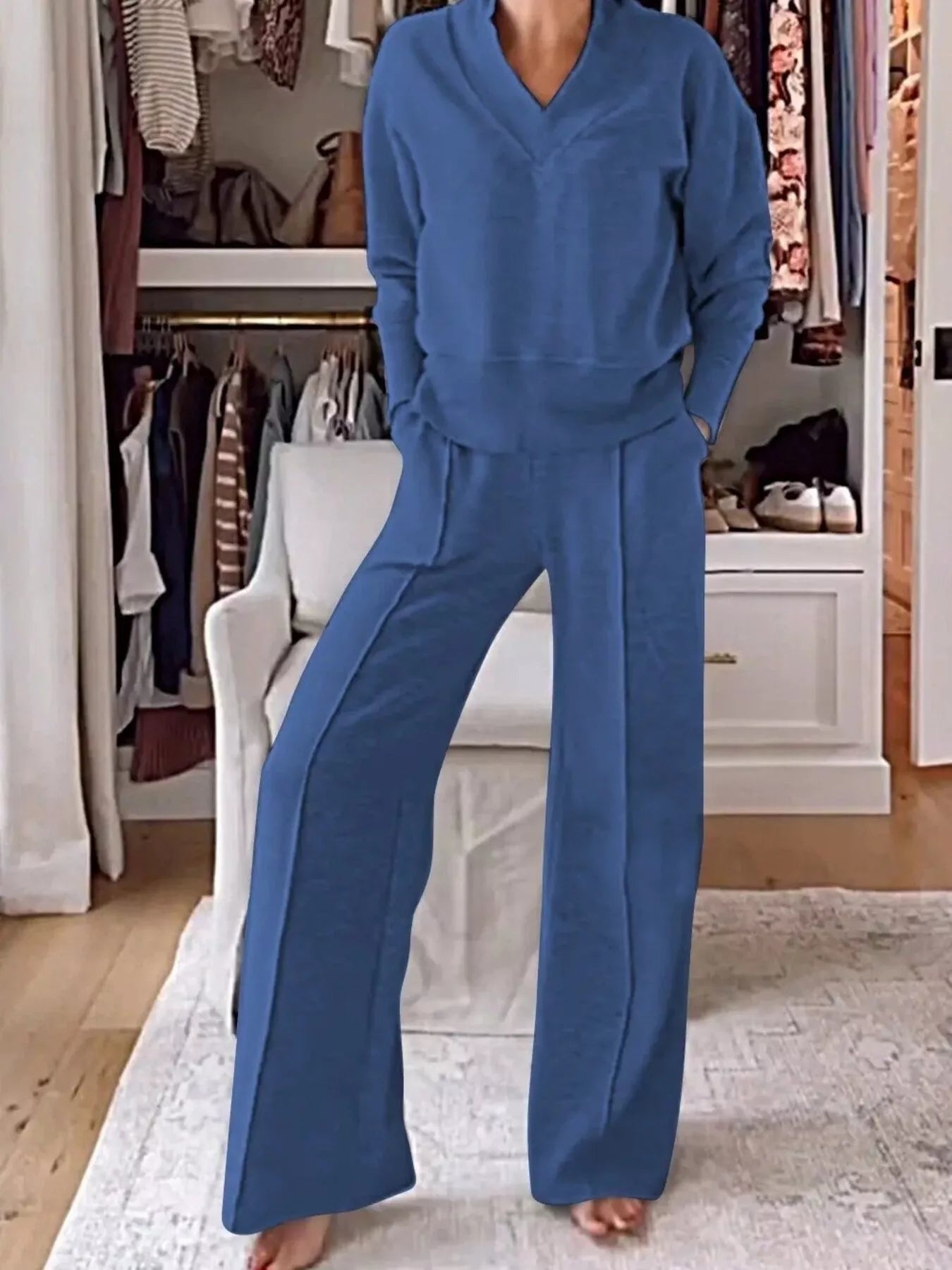 Full Size Cozy V-Neck Top and Pants Set Plus Size