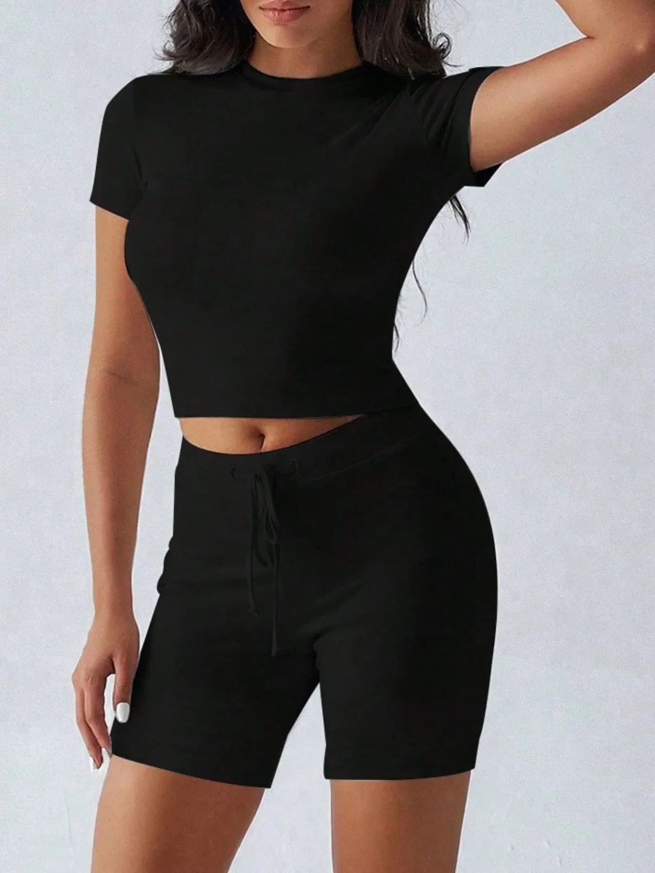 Round Neck Short Sleeve Top and Shorts Set