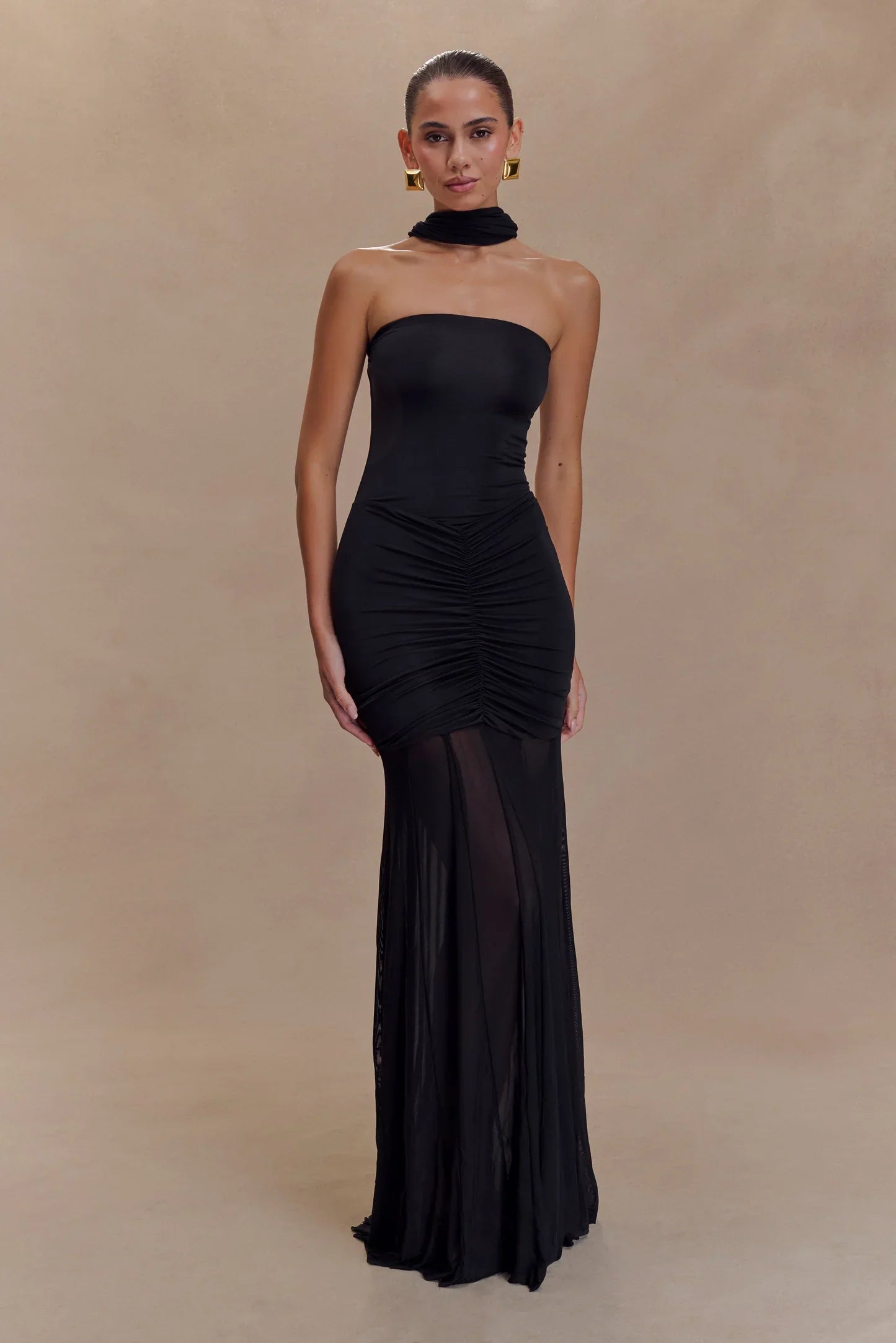 Noir Sheer Ruched Strapless Gown Size S