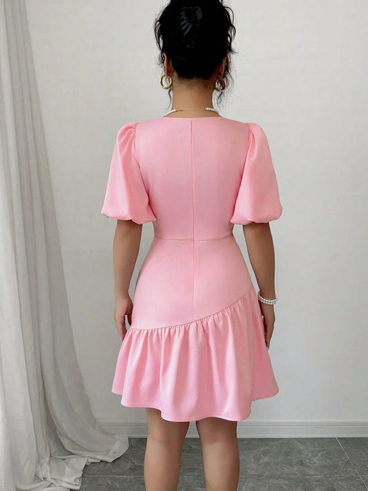 Pink Ruffled Hem Puff Sleeve Mini Dress – Feminine Short Sleeve Summer Dress for Women