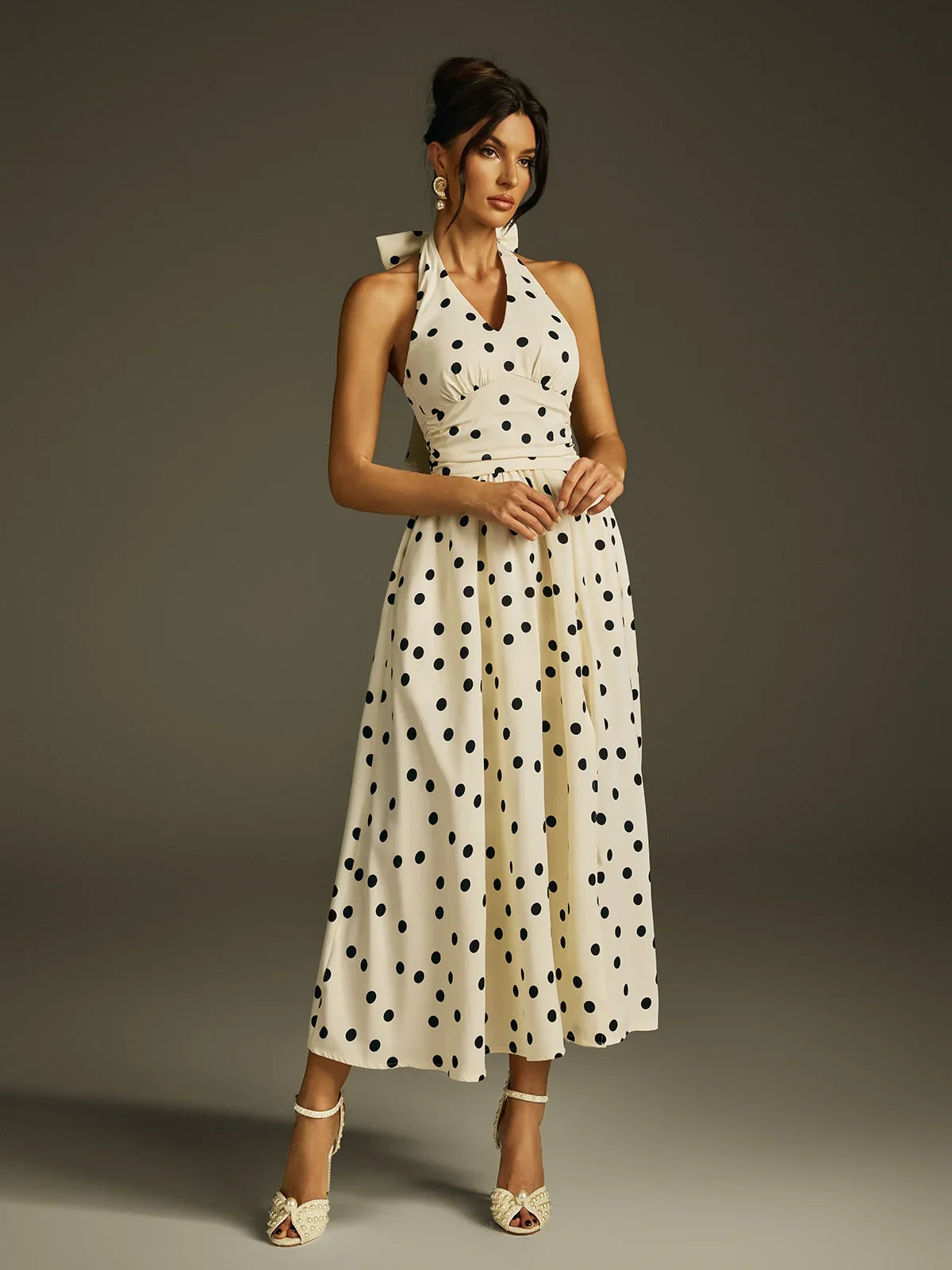 Colette Polka Bow Halter Midi Dress