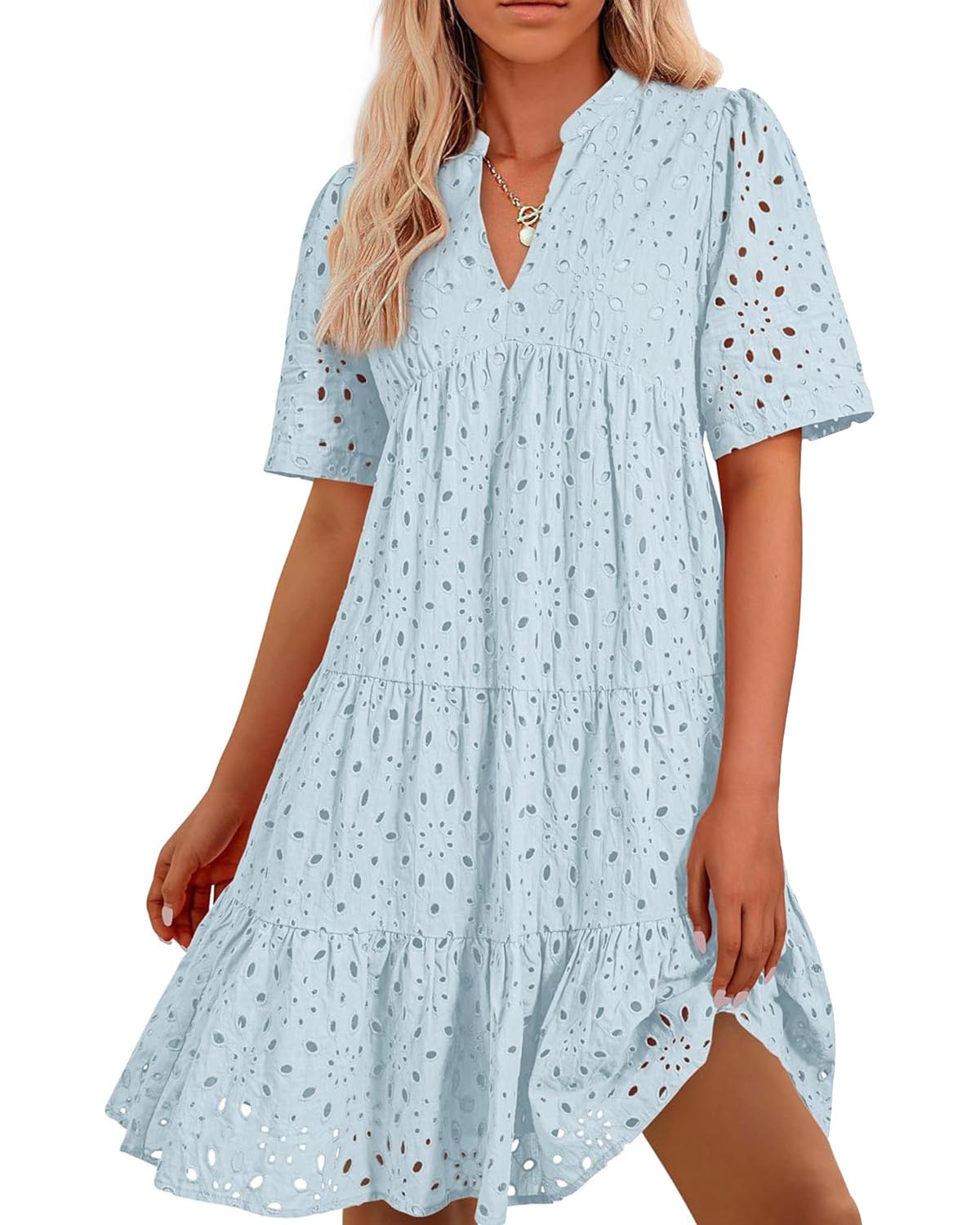 ⏰Hot Sale-Women's Elegant Hollow Out Lace Ruffle Casual Mini Dress(BUY 2 FREE SHIPPING)