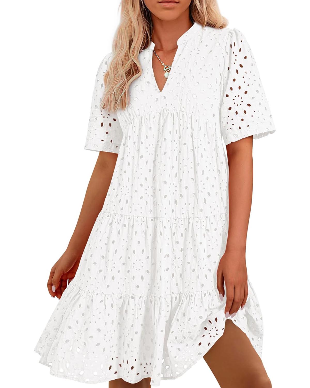 ⏰Hot Sale-Women's Elegant Hollow Out Lace Ruffle Casual Mini Dress(BUY 2 FREE SHIPPING)