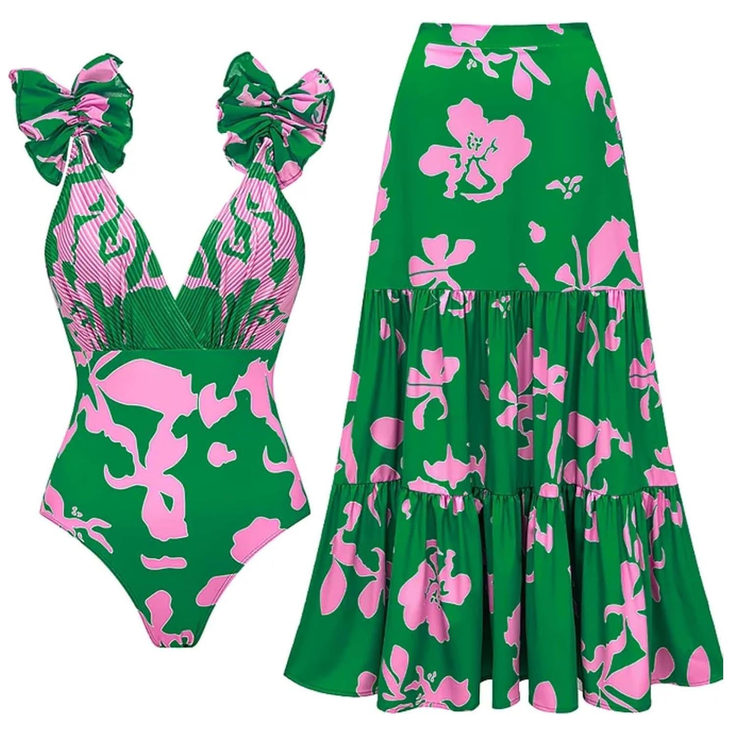 Women Adjustable Shoulder Strip Plant Prints One Piece Swimsuit and Skirt/Sarong(BUY 2 FREE SHIPPING)