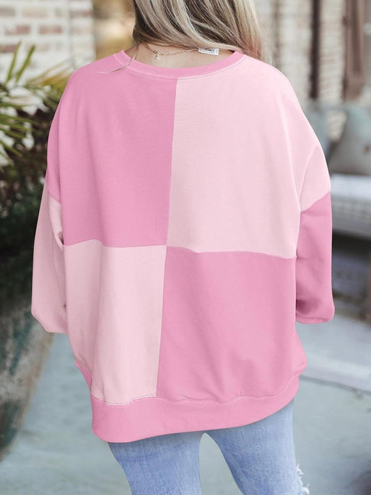 Women Color Block Round Neck Long Sleeve Plus Size Sweatshirt (Buy 2 Free Shipping)