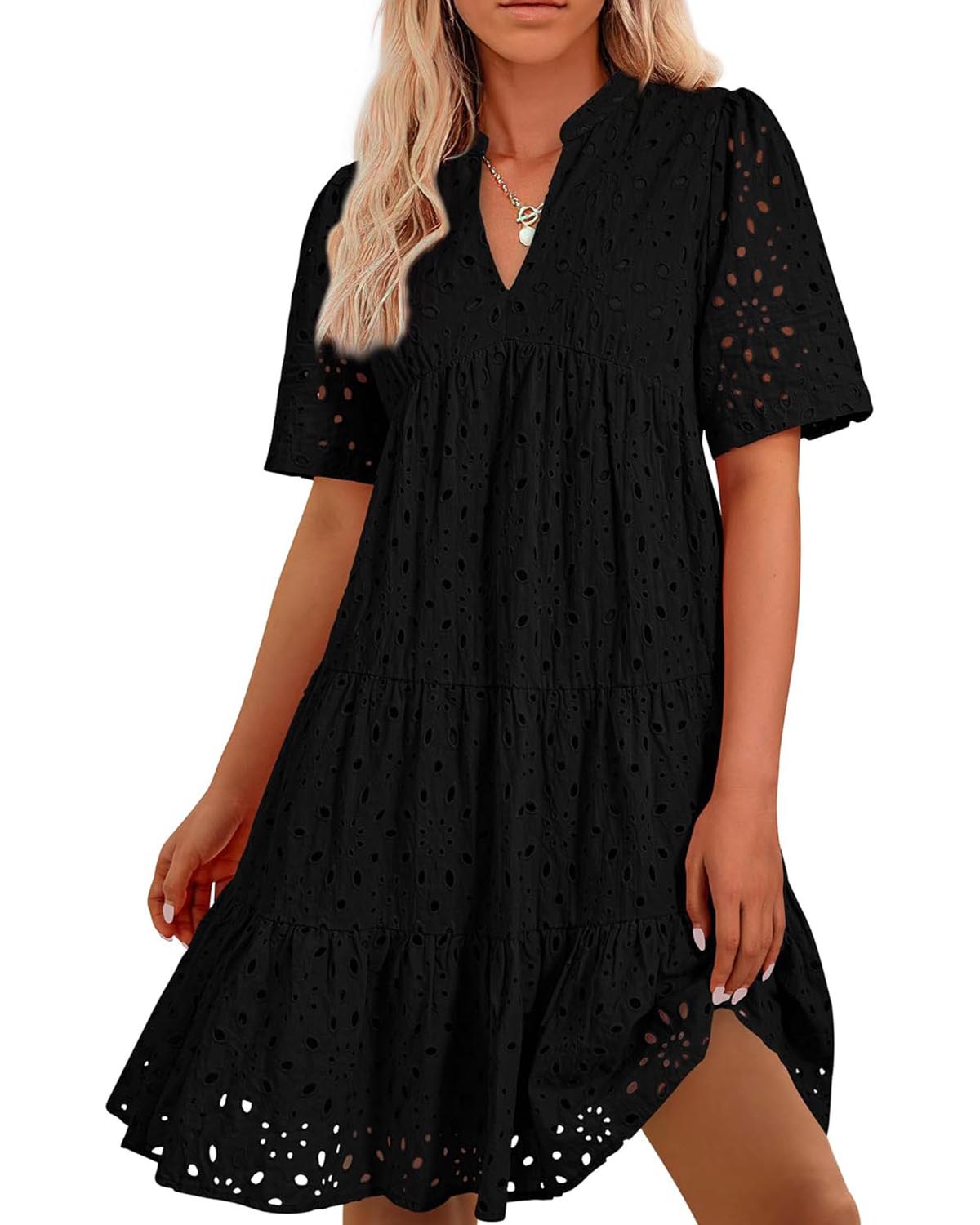 ⏰Hot Sale-Women's Elegant Hollow Out Lace Ruffle Casual Mini Dress(BUY 2 FREE SHIPPING)