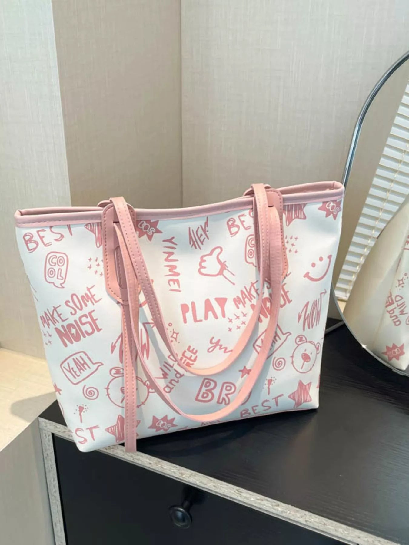 Trendy Graffiti Print Casual Tote Bag – Large Canvas Shoulder Bag for Women