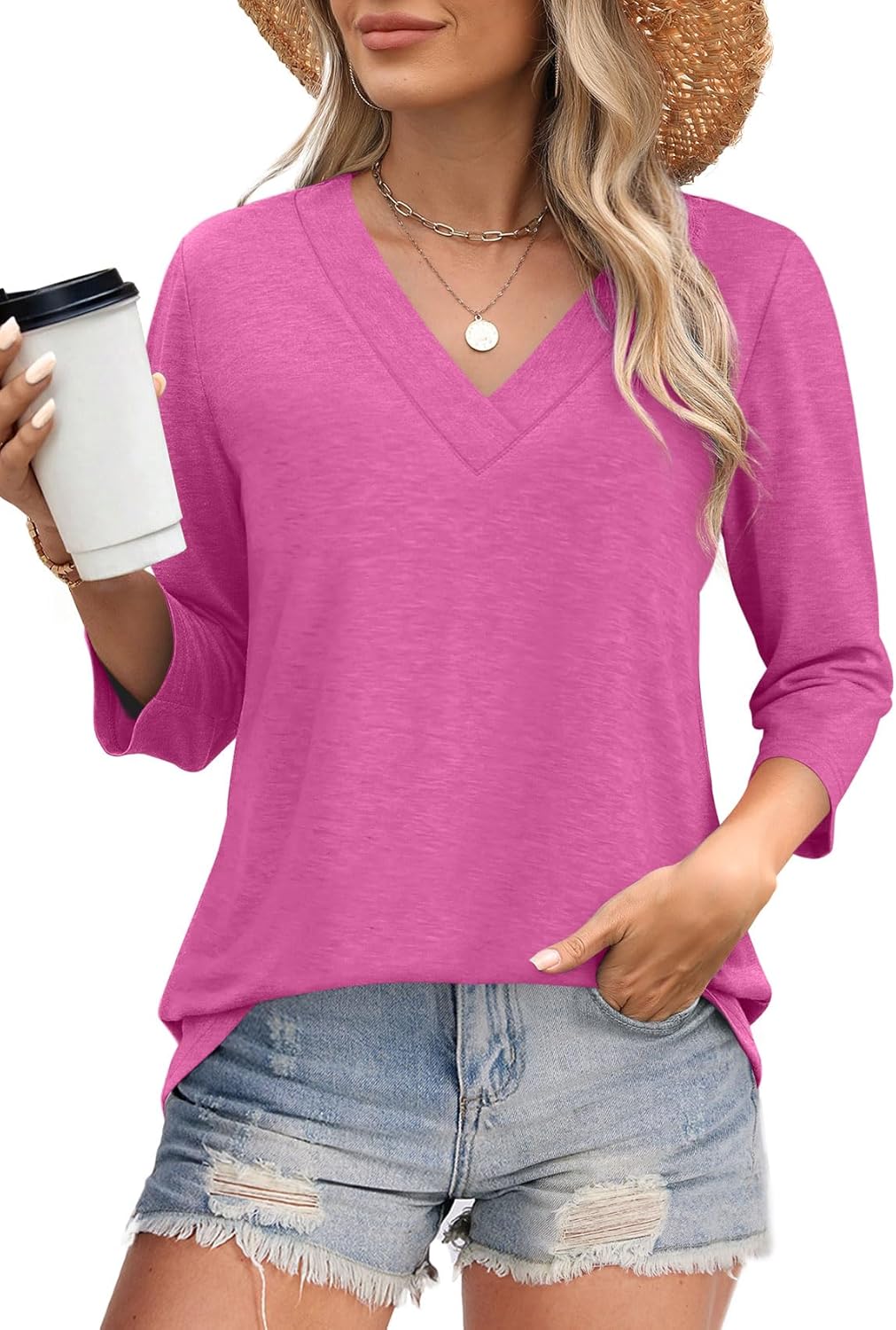 ⏰Hot Sale-Women's V Neck 3/4 Long Sleeve Tops Loose Fit Blouse (Buy 3 Free Shipping)