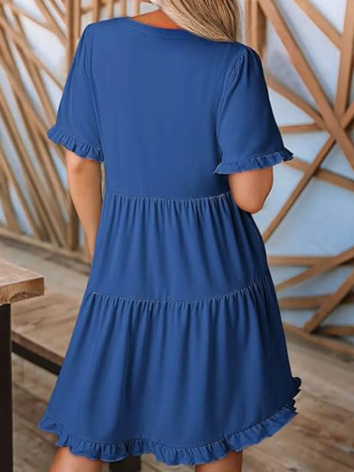 Tiered Notched Short Sleeve Mini Dress