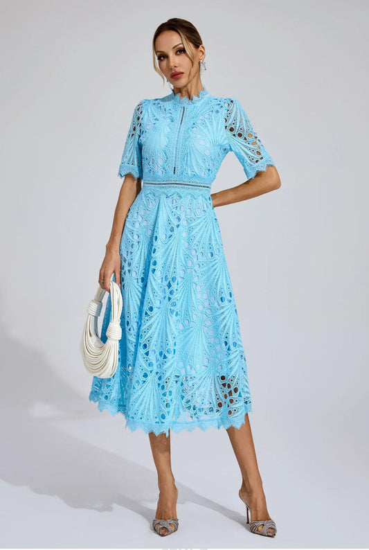 Cutout lace blue midi dress