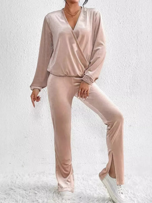 Apricot Plus Size Surplice Long Sleeve Top and Pants Set