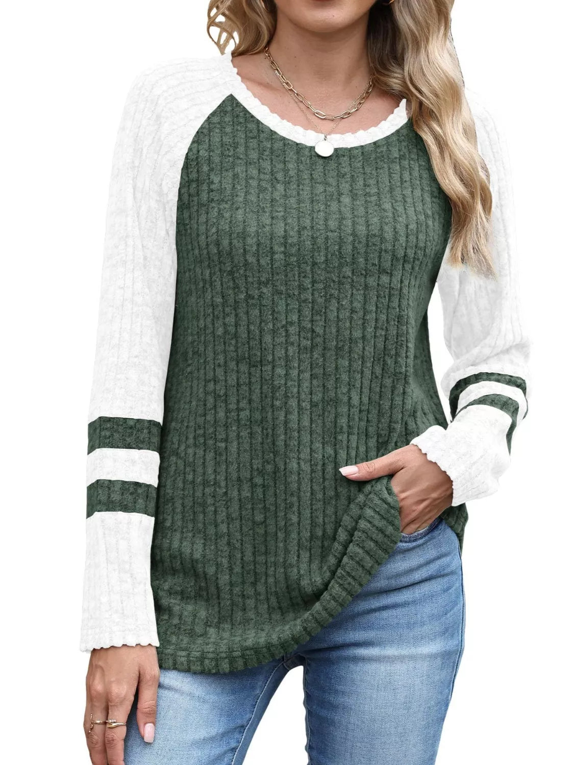 Ribbed Knit Raglan Long Sleeve T-Shirt