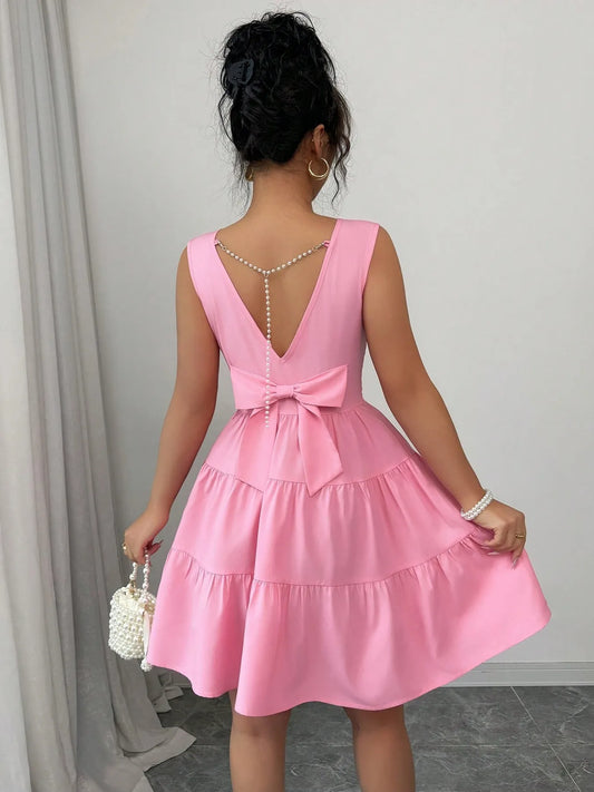 Pink Flowy Tiered Dress – Sleeveless, Round Neck