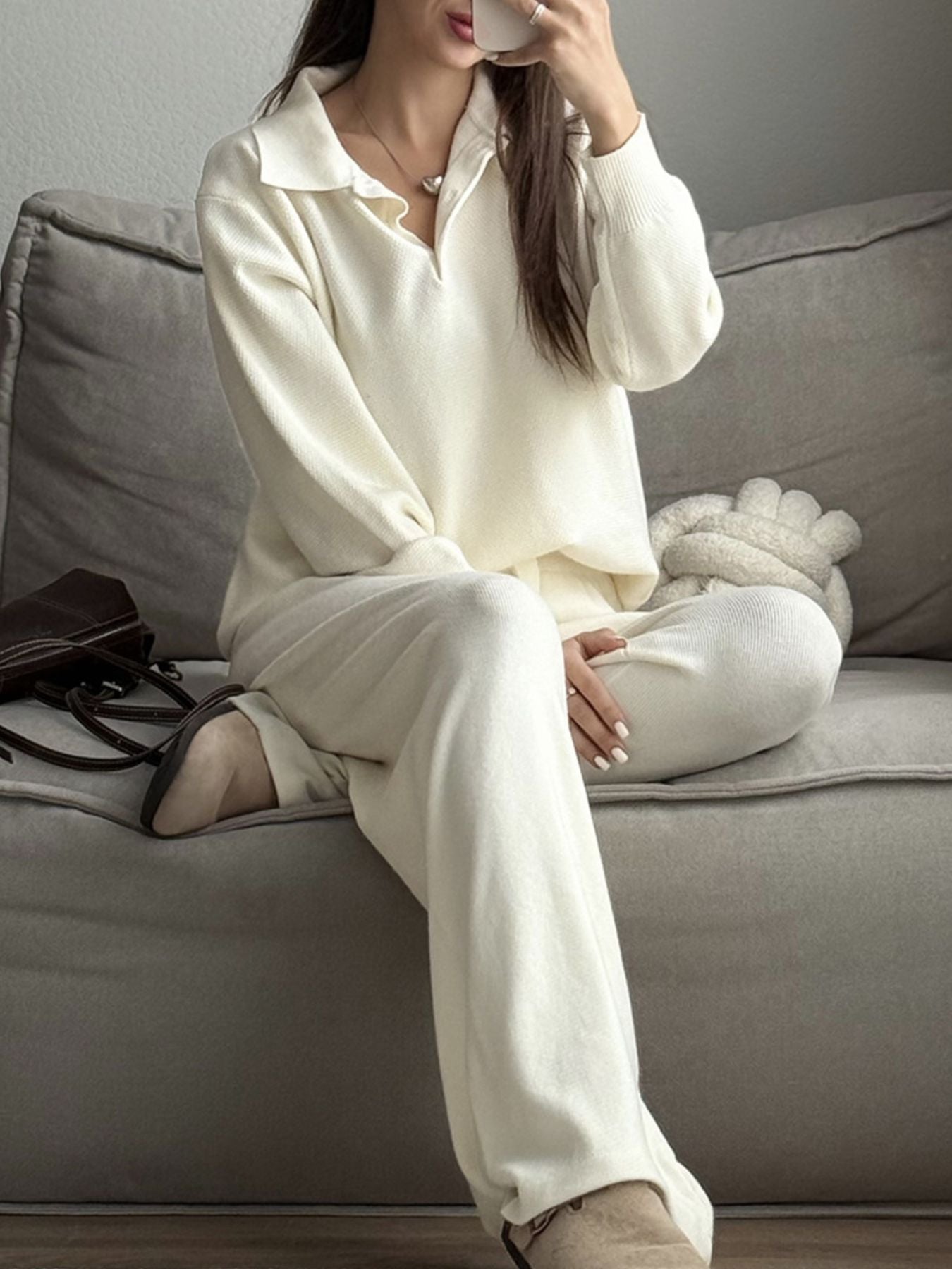 Polo Collar Top and Pants or Skirt Knit Set