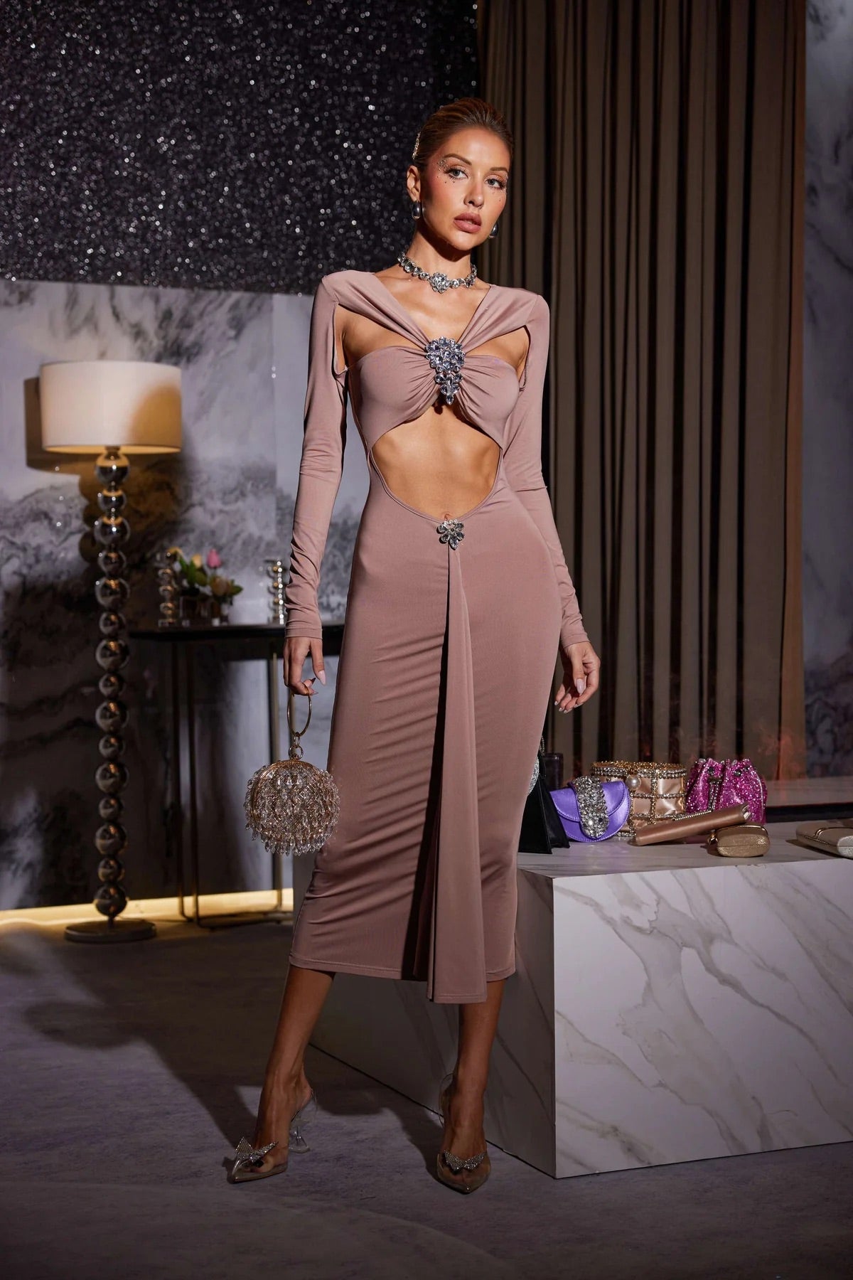 Brina crystal cutout midi dress