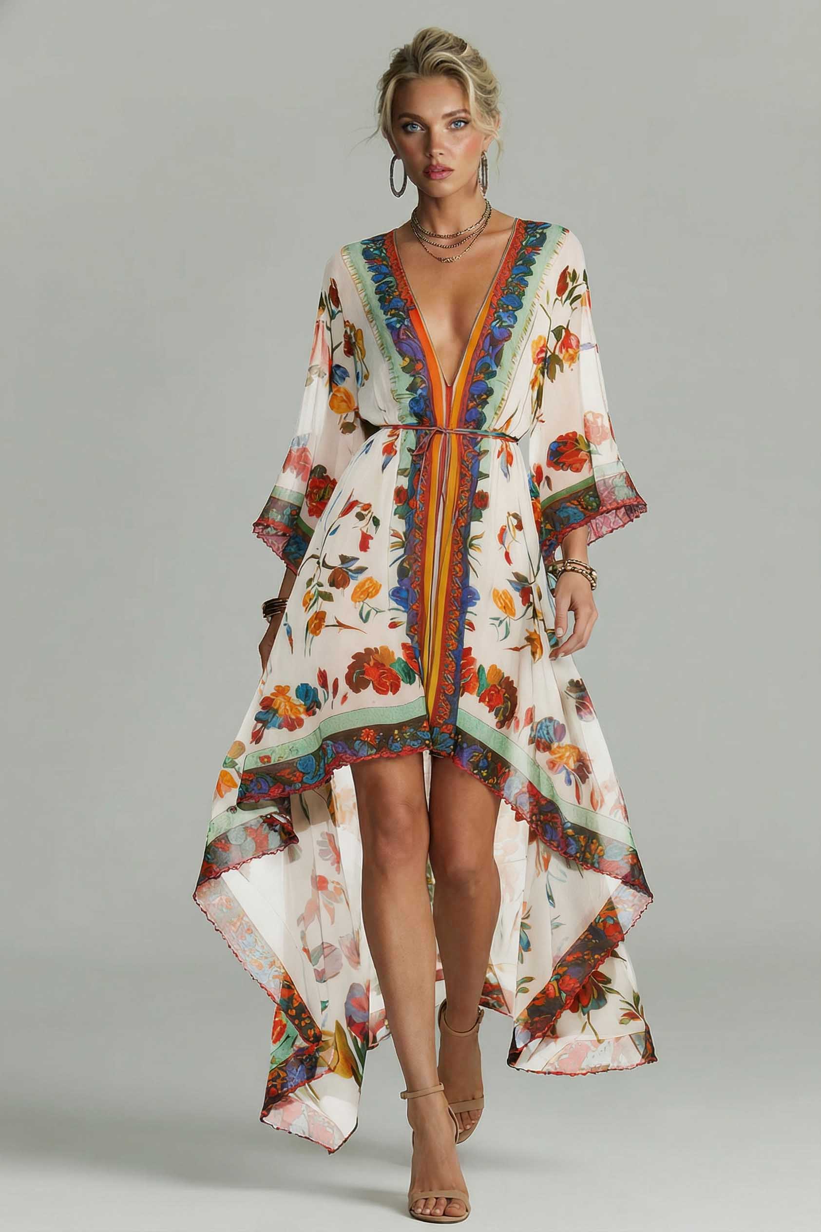 Boho Printed Low High Design Chiffon Beach Dresses Printed