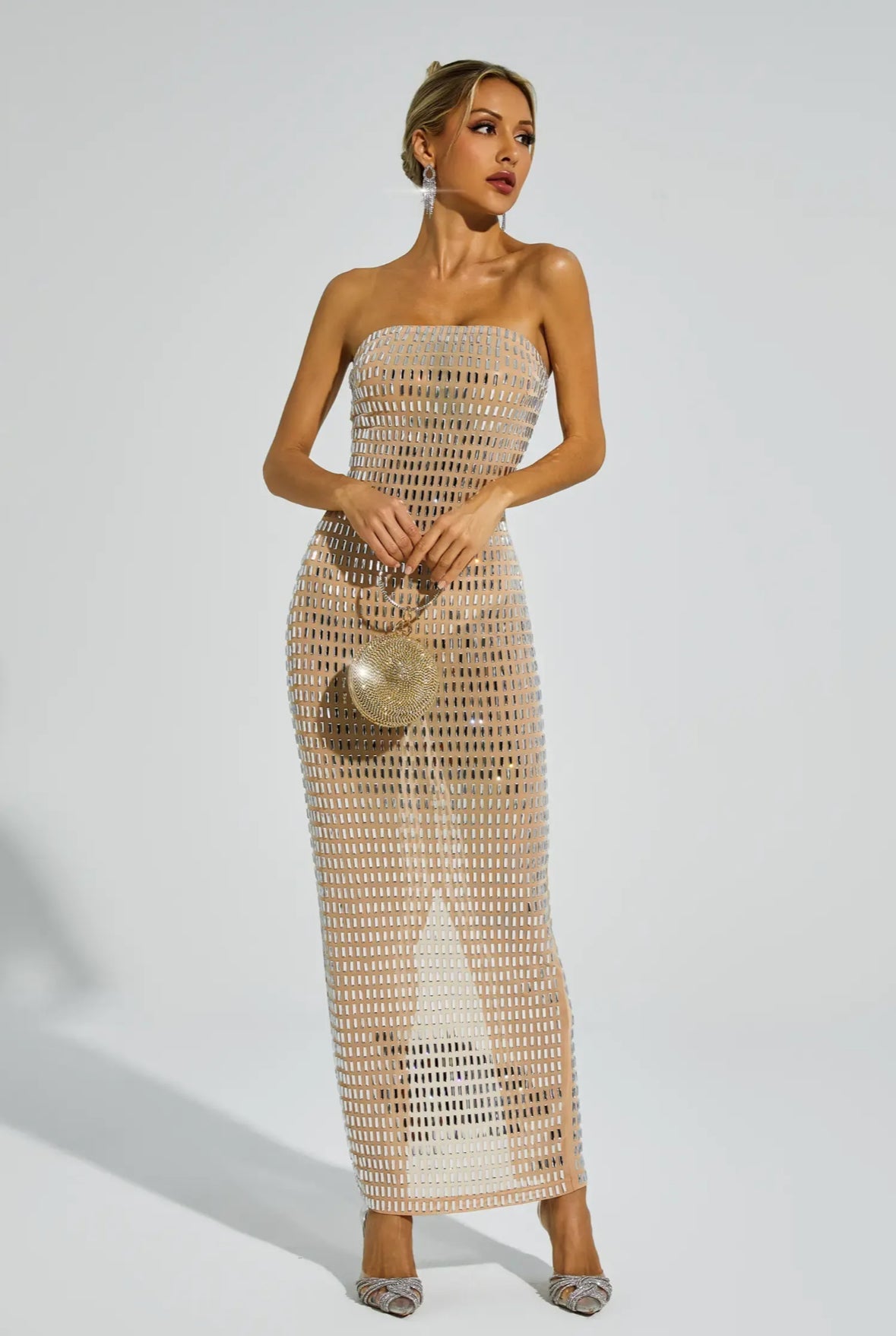 Rhinestone black Mesh maxi dress