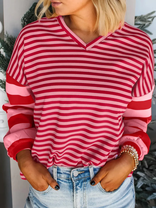 Red and Pink Striped V Neck Sweater