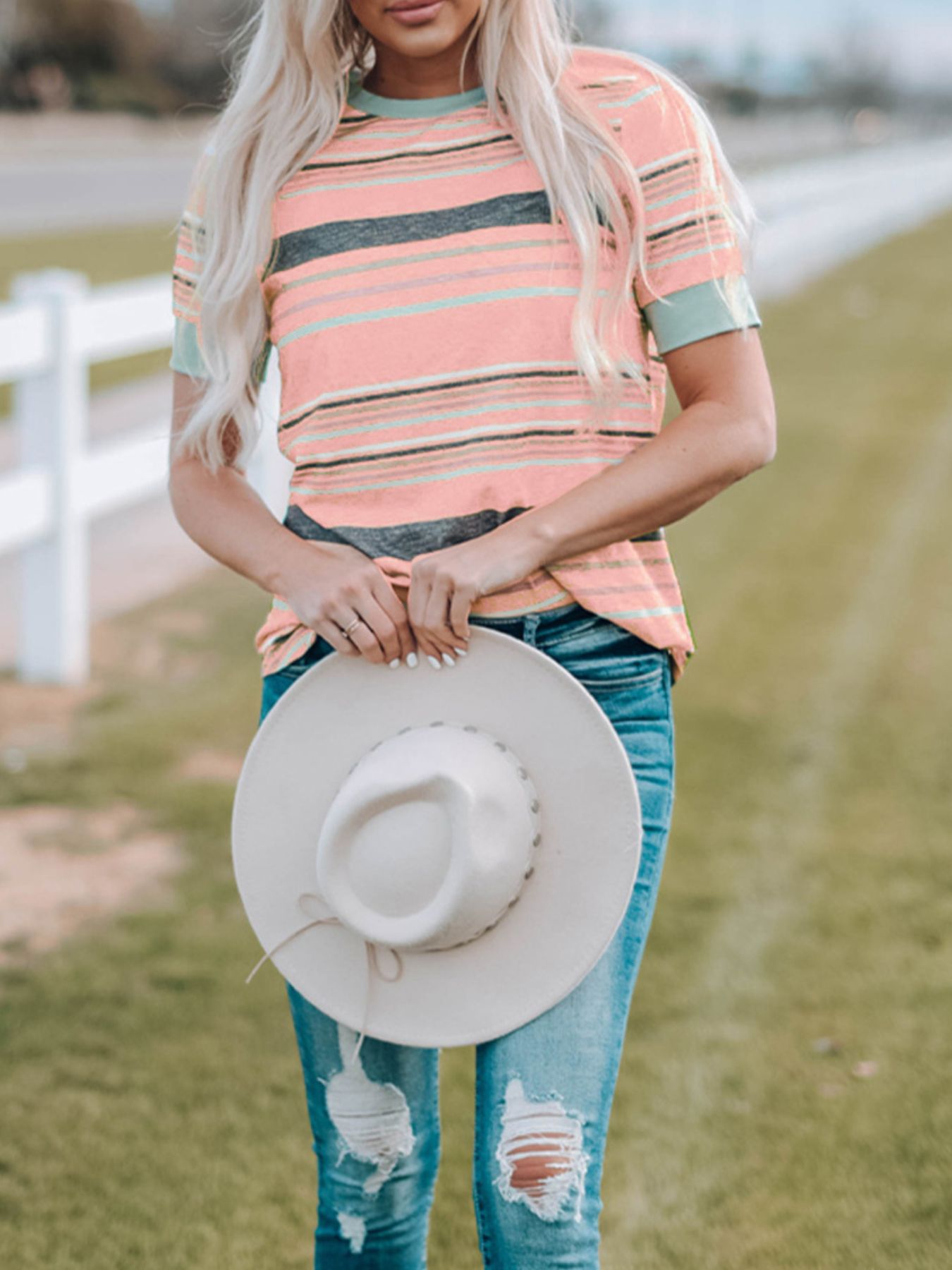 Minty Pink Multicolor Stripes Crew Neck T Shirt