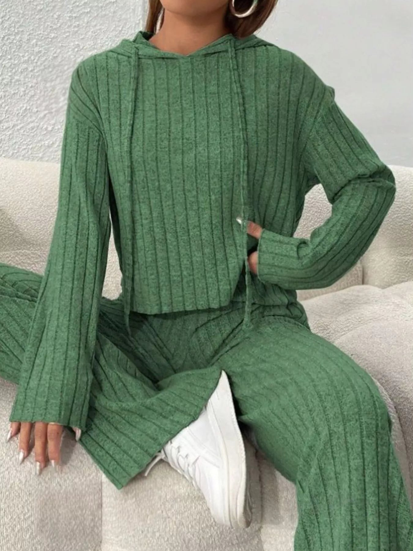Ribbed Knit Hoodie & Wide Leg Pants Set