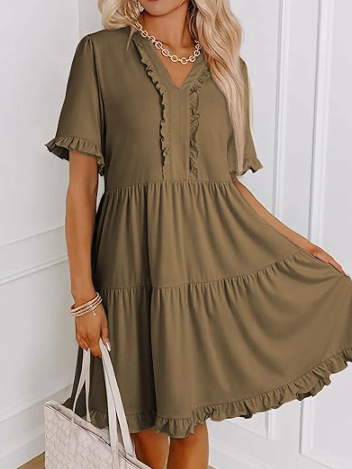 Tiered Notched Short Sleeve Mini Dress
