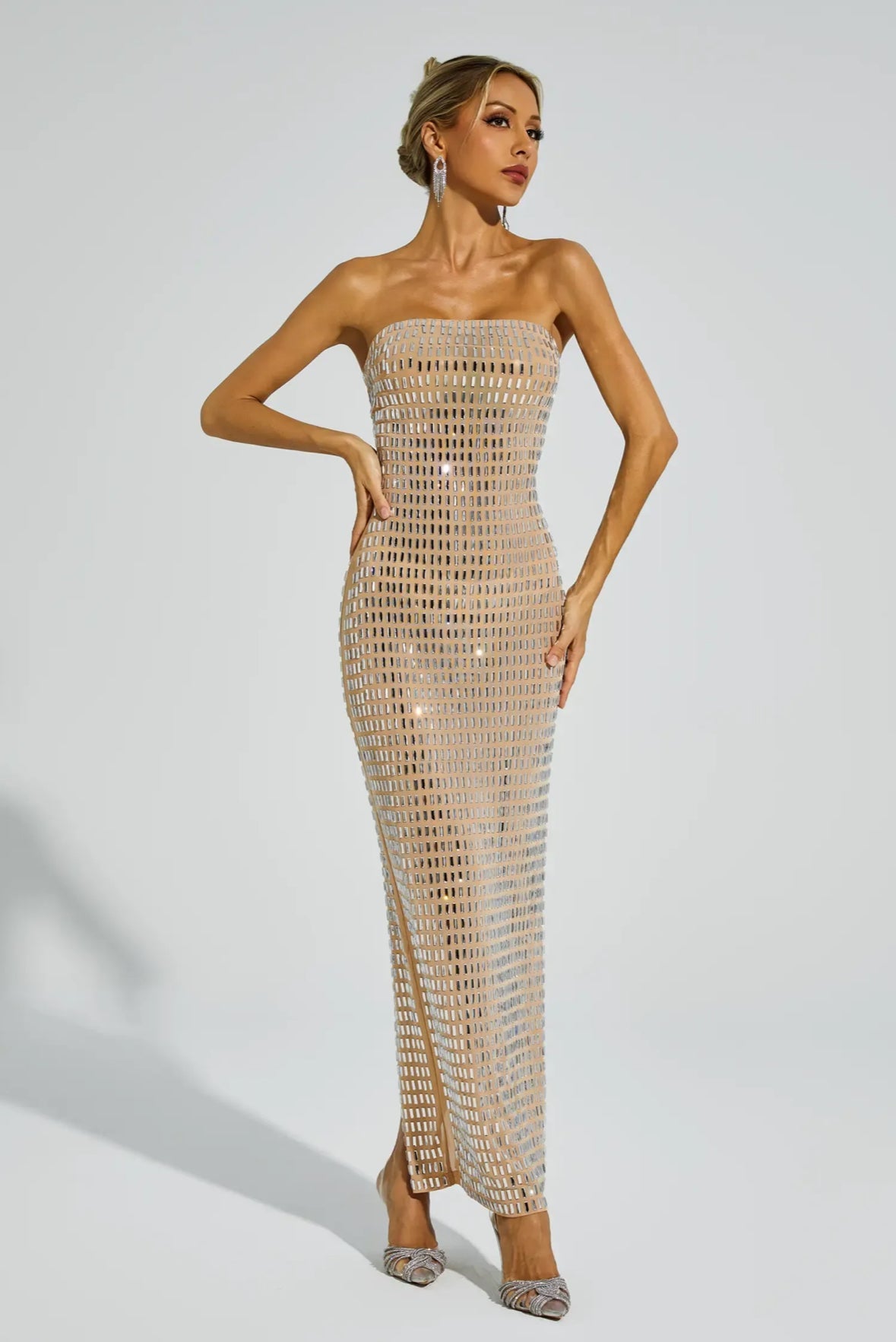 Rhinestone black Mesh maxi dress