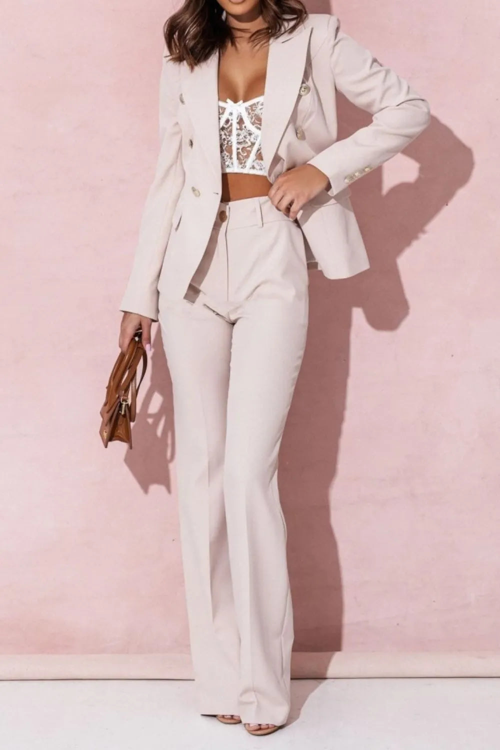 Full Size Lapel Collar Long Sleeve Blazer and Pants Set Plus Size