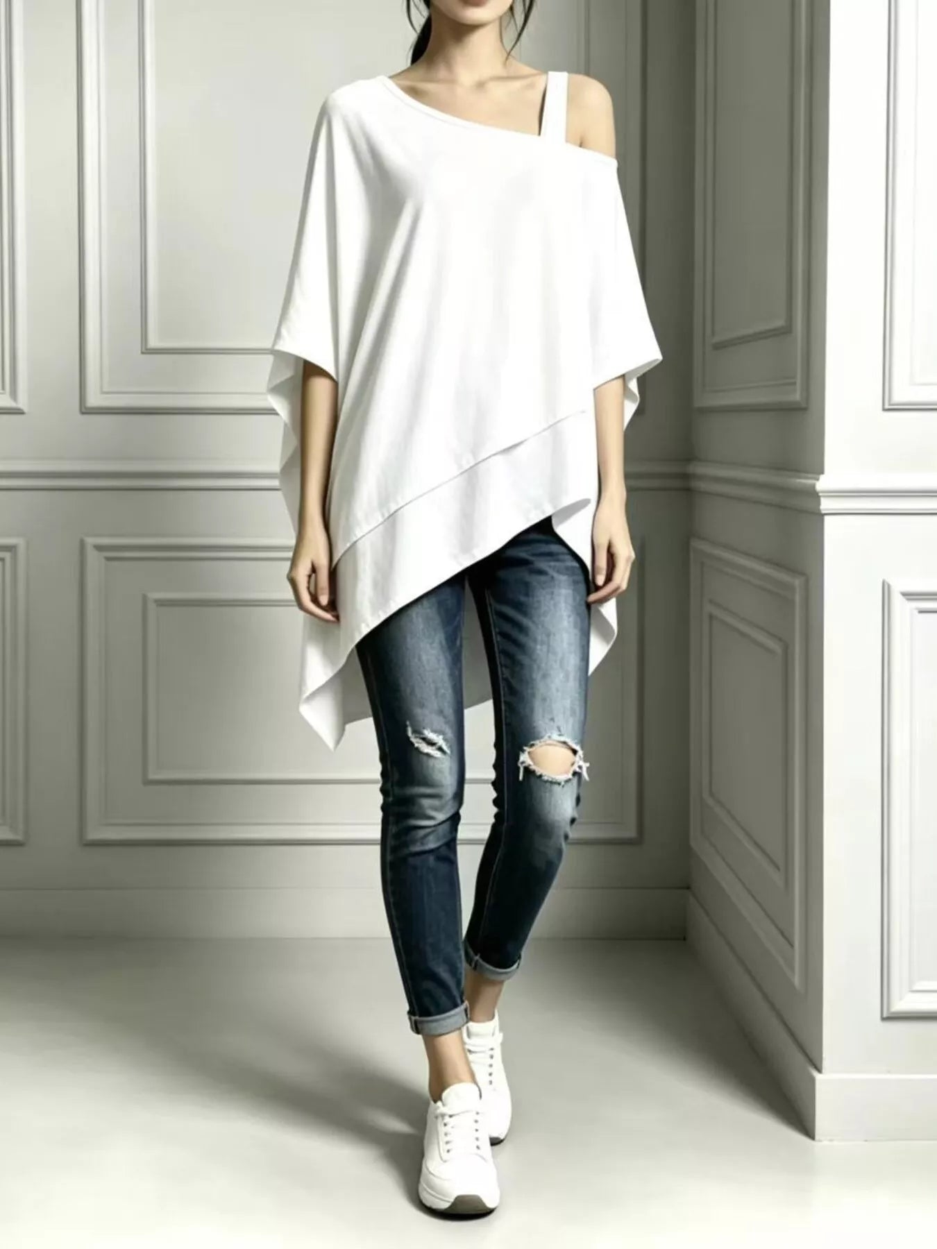 Plus Size Asymmetrical Neck Short Sleeve T-Shirt Plus Size White