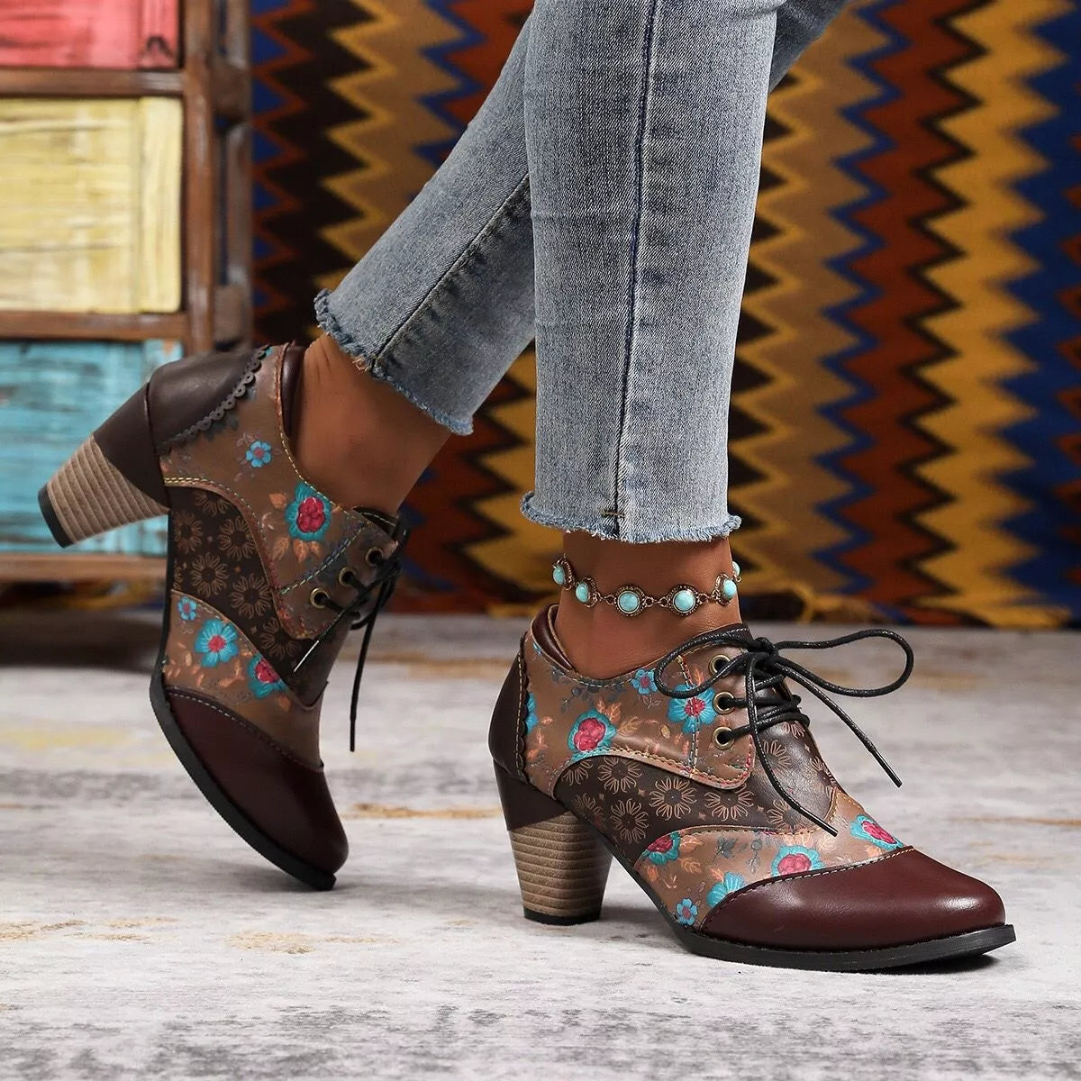 Lace-Up Block Heel Ankle Boots