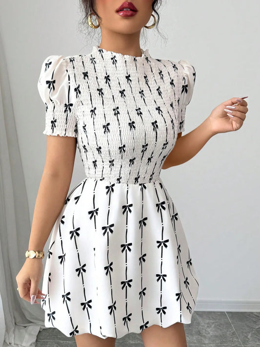 Smocked Bow Print Short Sleeve Dress – White Mini Dress with Black Bow Ties