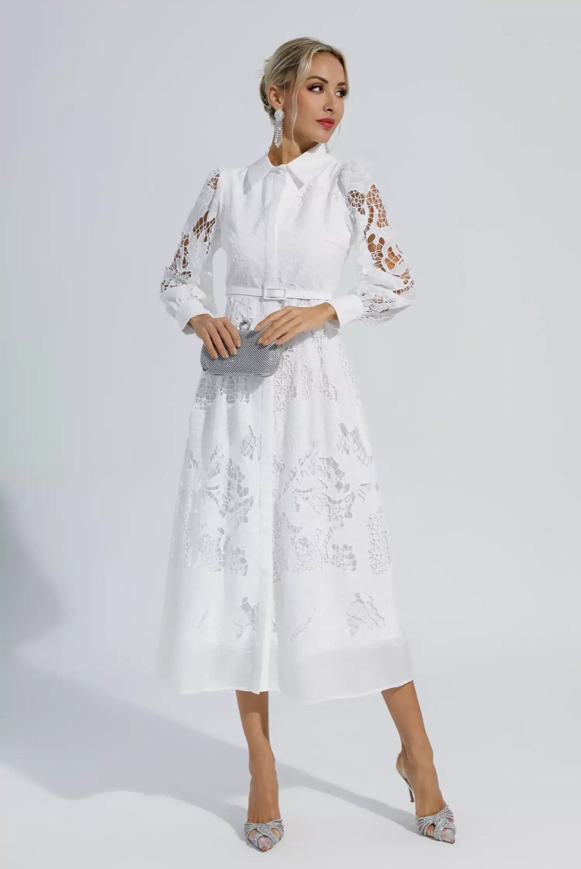 White belted lace midi dress