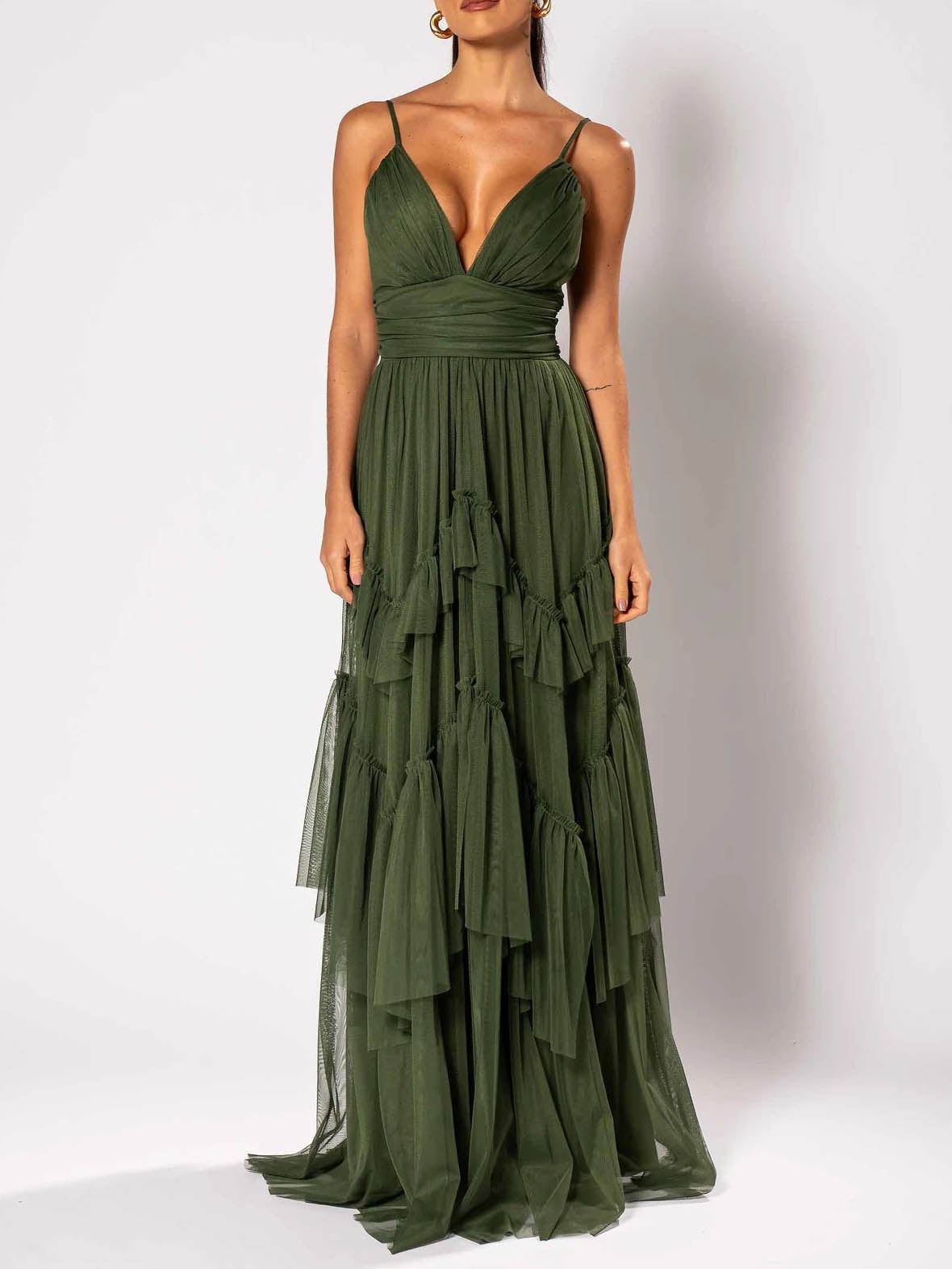 Elegant Deep V-Neck Tiered Tulle Maxi Dress Dark Green