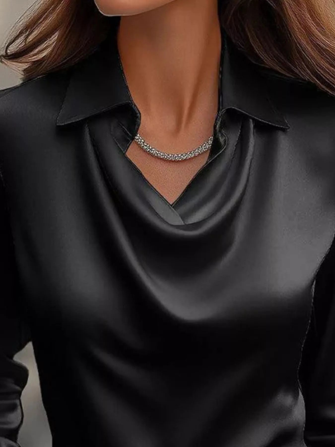 Shiny Satin Cowl Neck Long Sleeve Blouse - Inclusive Sizing