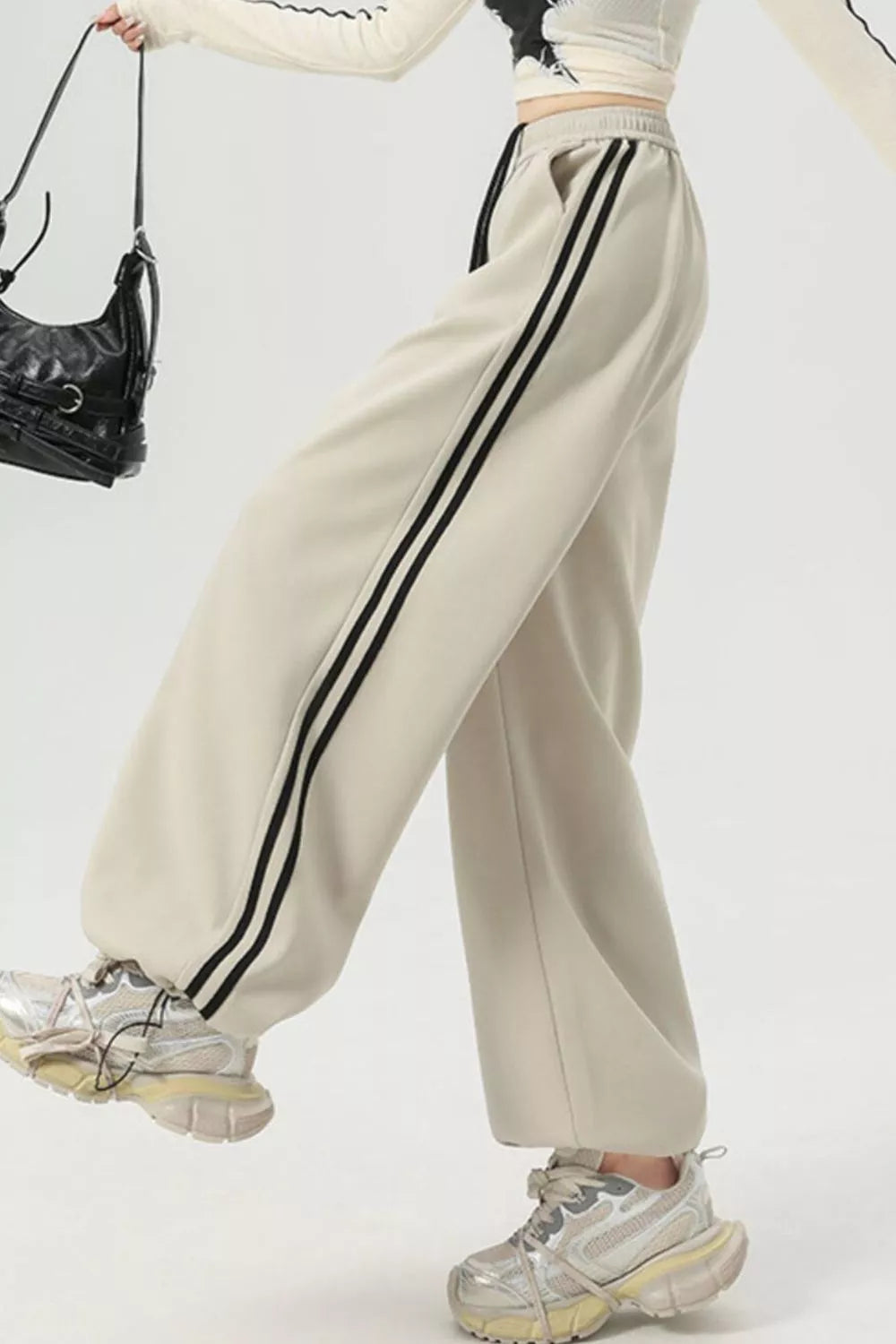 Wide Leg Side Striped Pants – Drawstring, Pocketed, Cotton-Blend Comfort