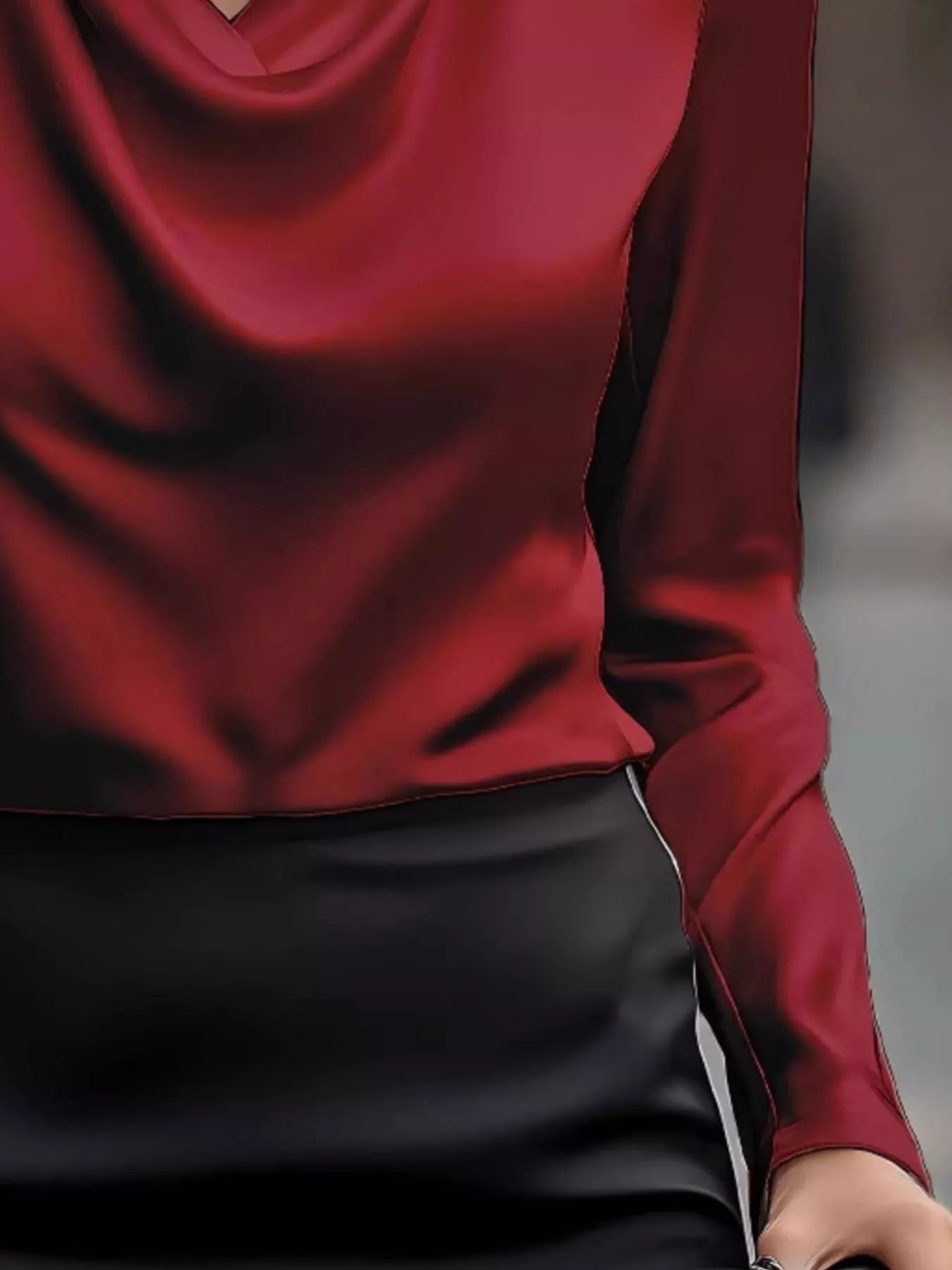 Shiny Satin Cowl Neck Long Sleeve Blouse - Inclusive Sizing