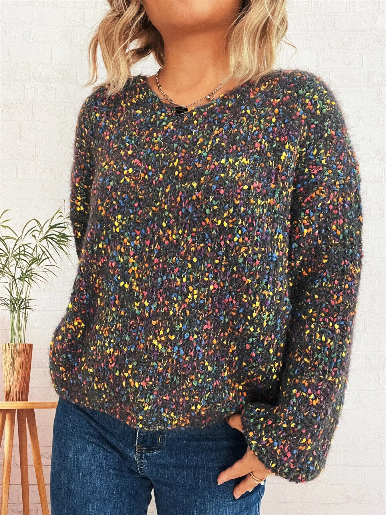 Women’s Colorful Long Sleeve Sweater – Vibrant Knit Pullover for Fall & Winter